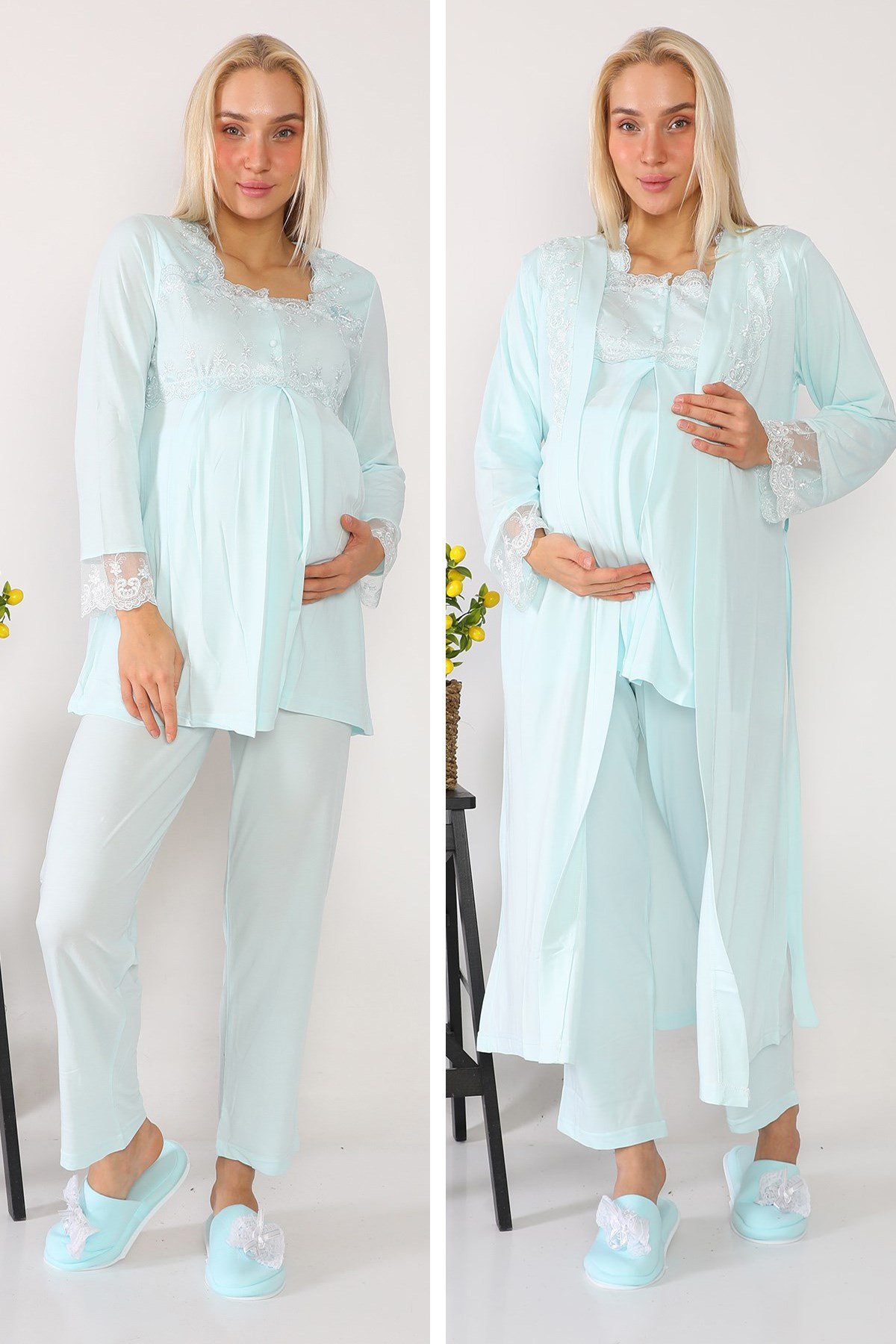 Lohusa Hamile 2601 Turkuaz Uzun Sabahlıklı Lohusa Pijama