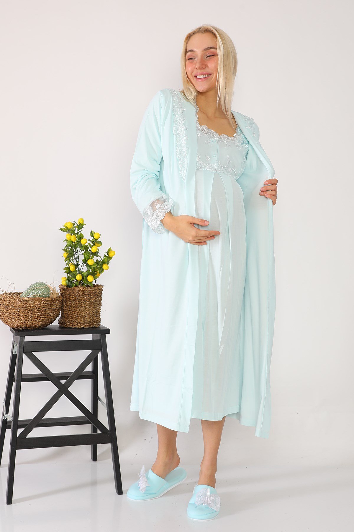 Lohusa Hamile 2602 Turkuaz Uzun Sabahlıklı Lohusa Gecelik Takımı