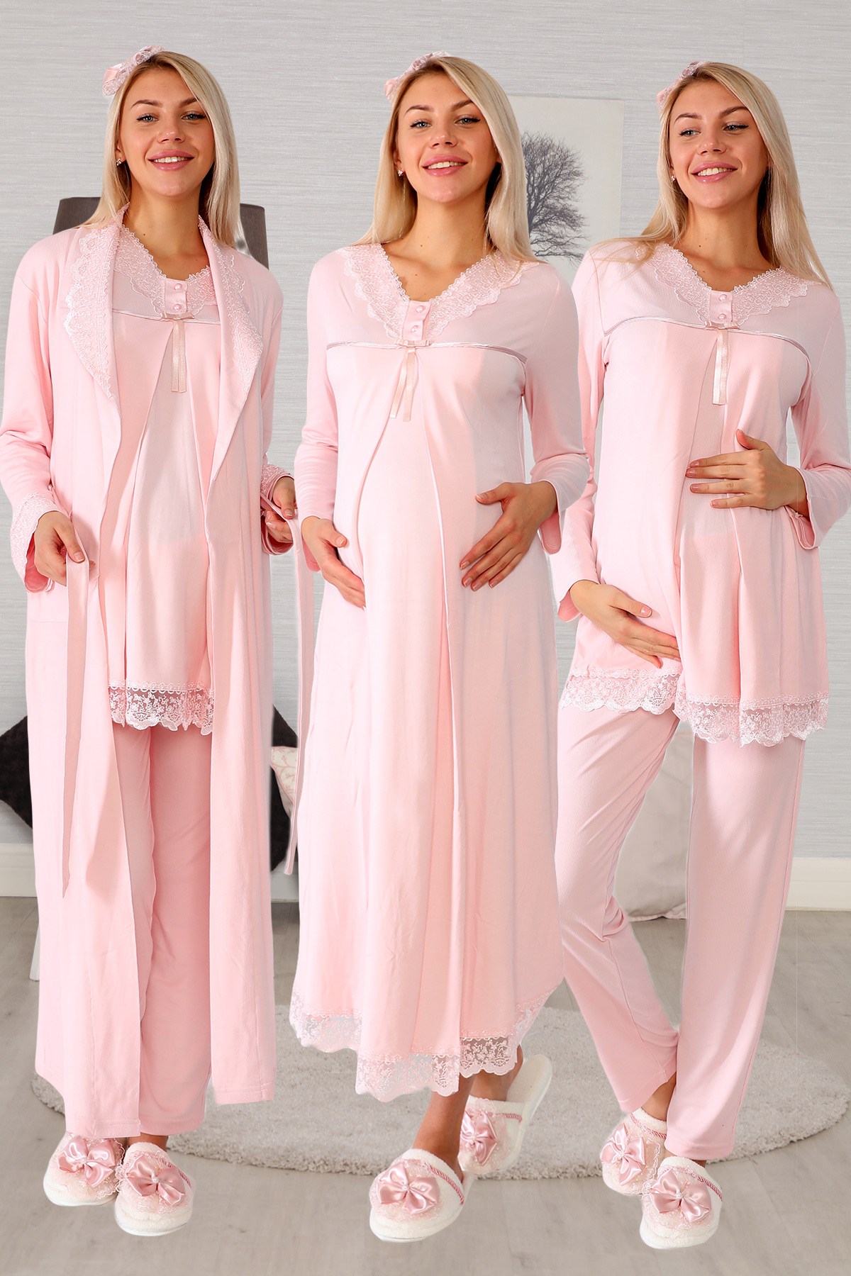 Lohusa Hamile 1094 Maternity Nursing Pajamas Set with Robe