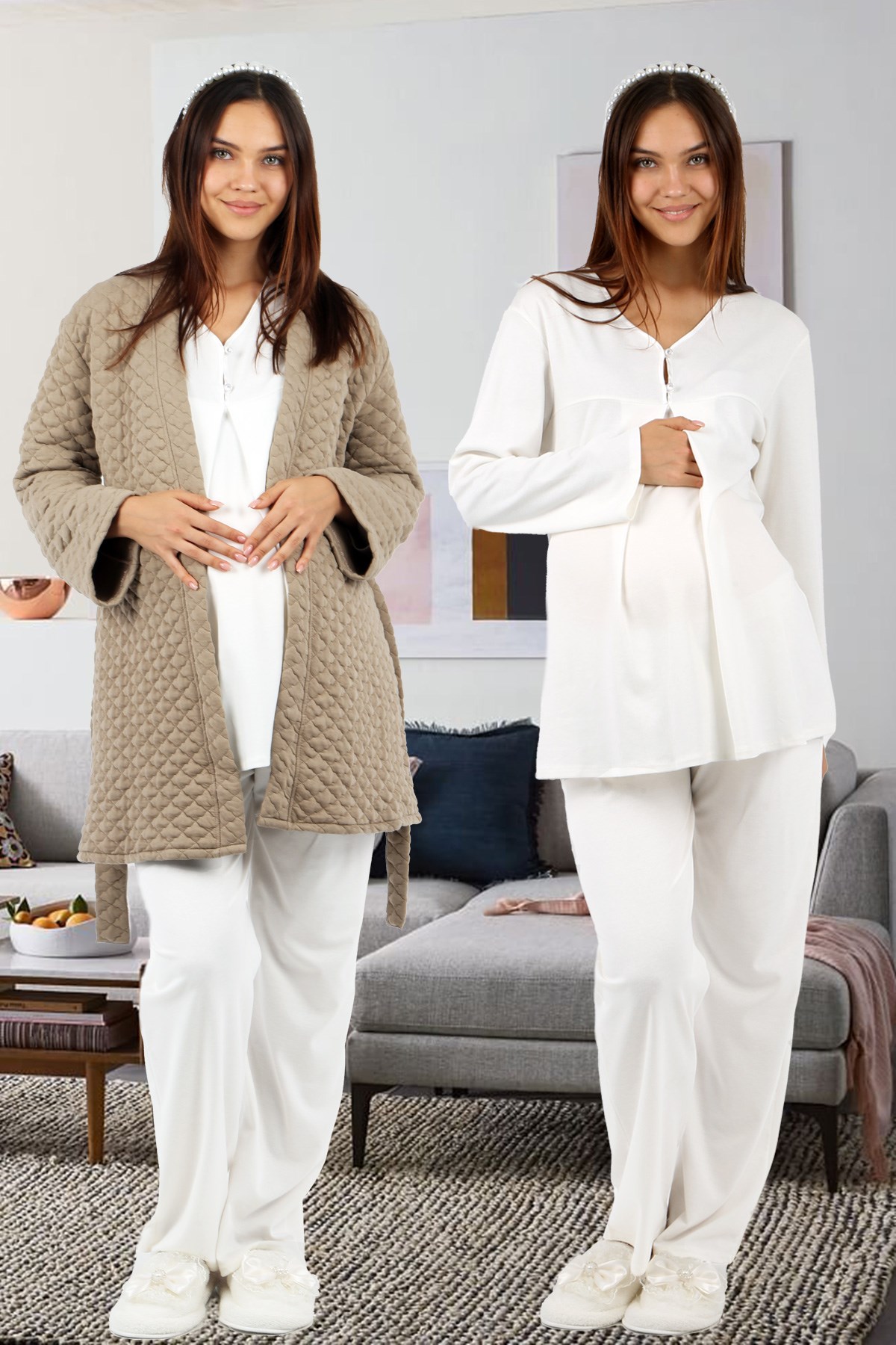Lohusahamile 10170 Yeşil Kapitone Sabahlıklı Lohusa Pijama Takımı