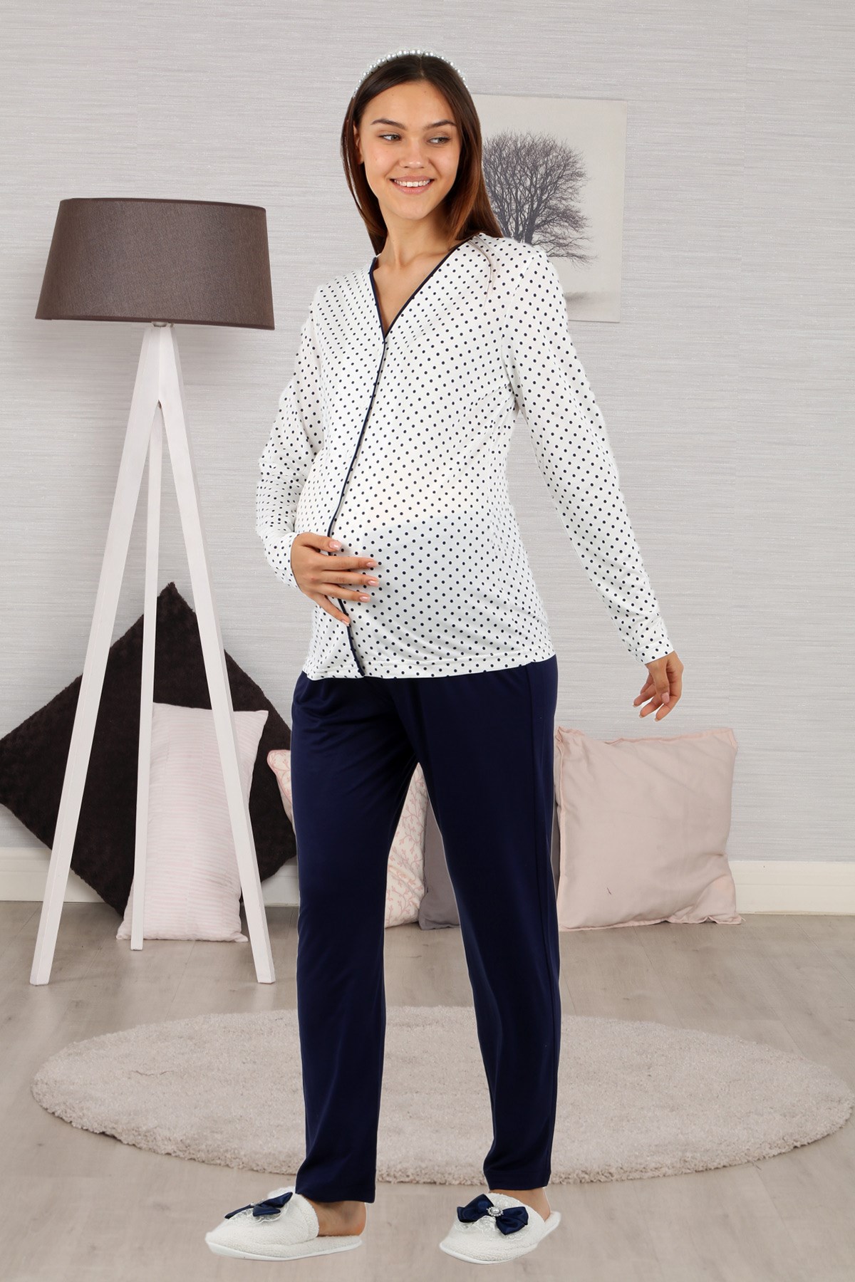 Lohusahamile 1032 Lacivert Puanlı Önden Düğmeli Lohusa Pijama Takımı