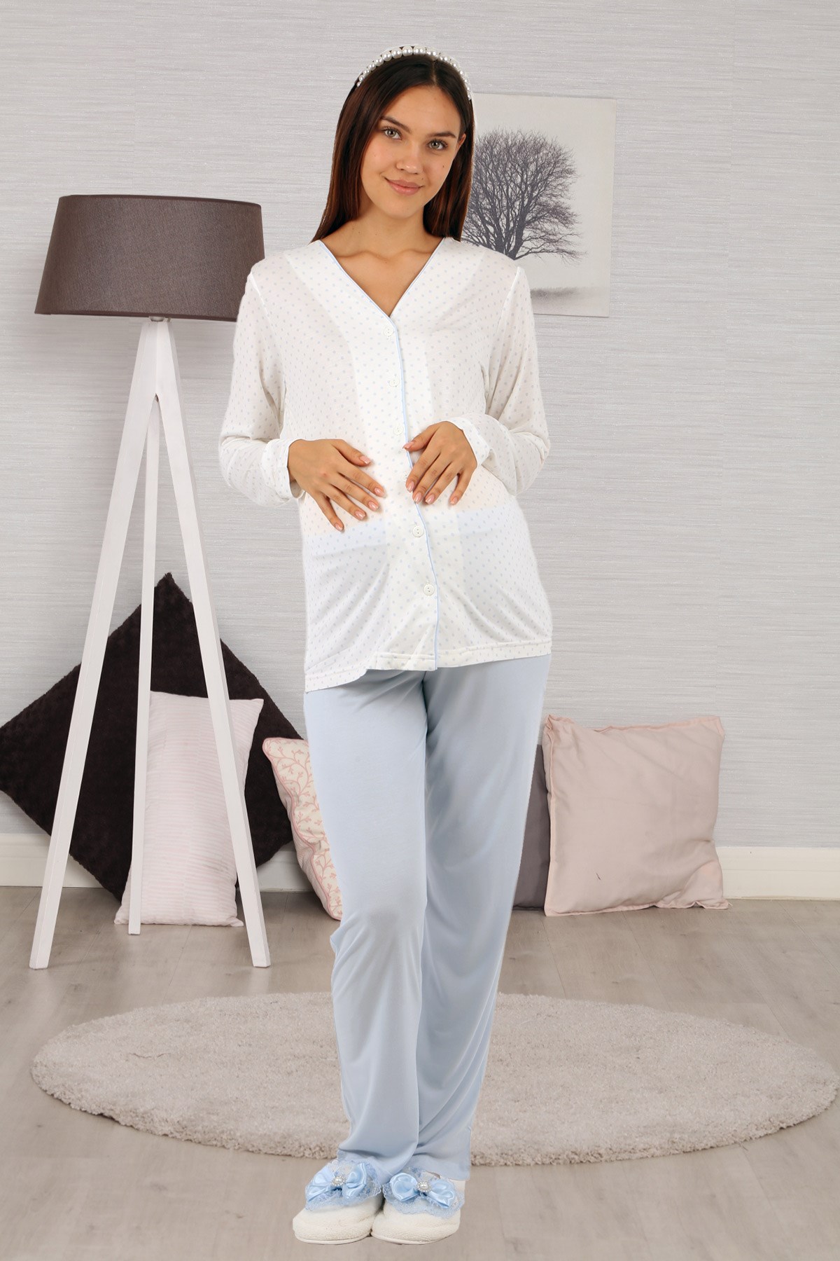 Lohusahamile 1032 Mavi Puanlı Önden Düğmeli Lohusa Pijama Takımı