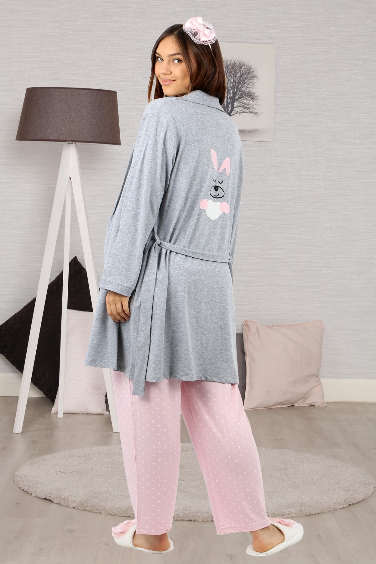 Lohusahamile 30900 Pink Rabbit Patterned Gray Maternity Nursing Pajamas Set  with Robe