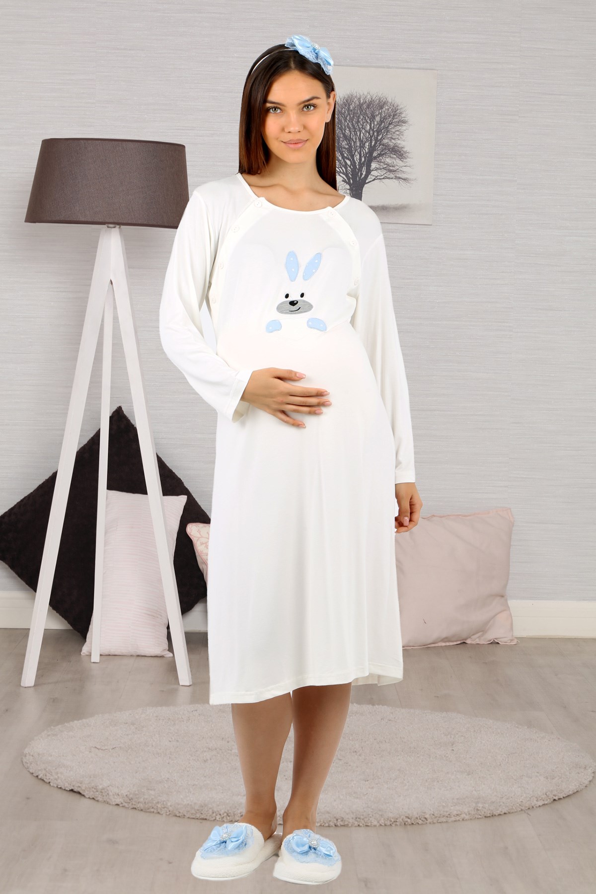 Lohusahamile 30930 Mavi Tavşan Desenli Lohusa Gecelik