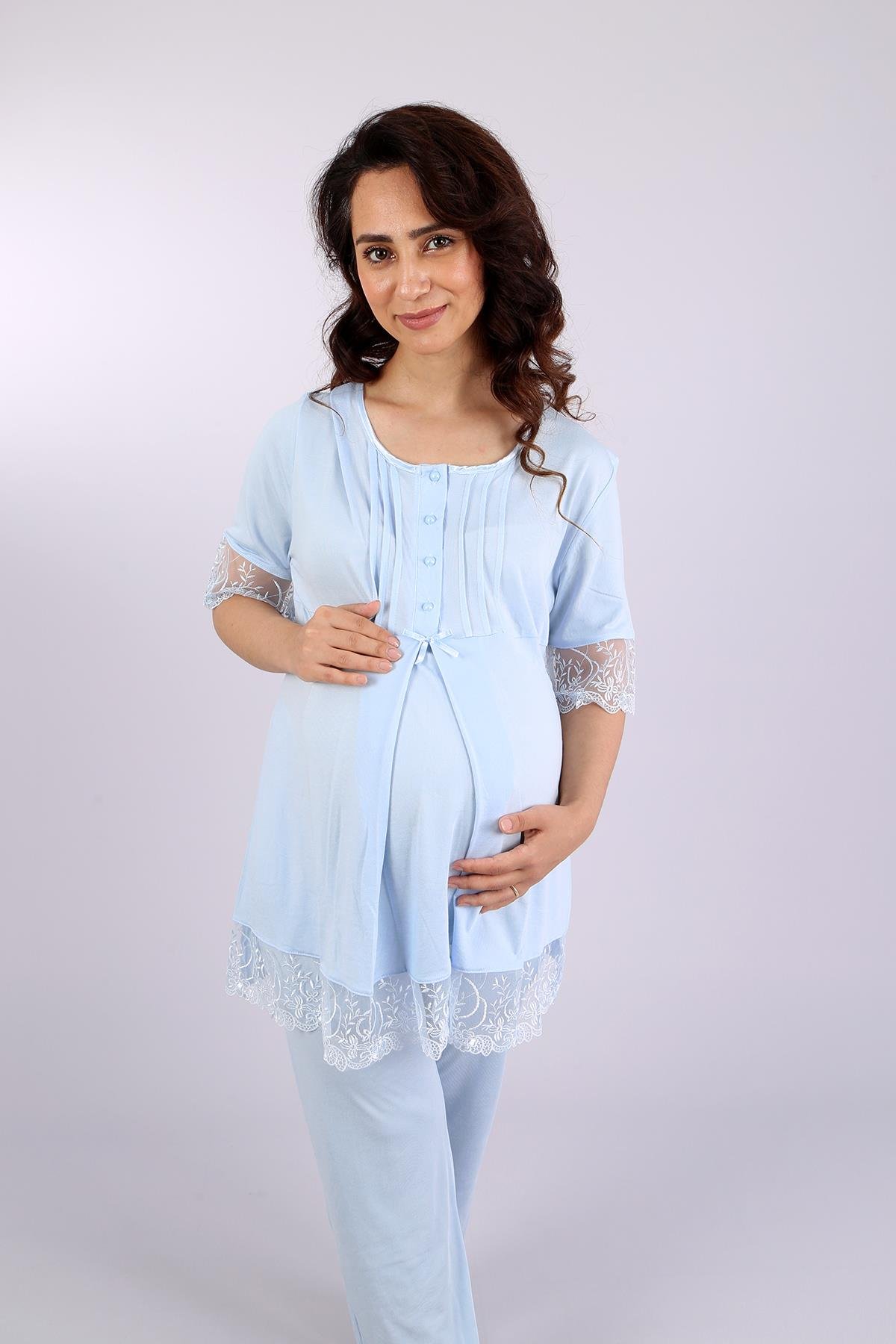 Mavi Gizli Emzirme Özellikli Lohusa Pijama Takımı - 1062