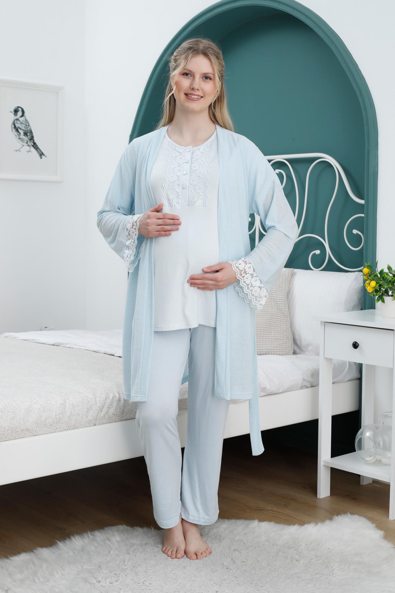 Mavi Kolları Dantel Detaylı Sabahlıklı Lohusa Pijama Takımı - 2379