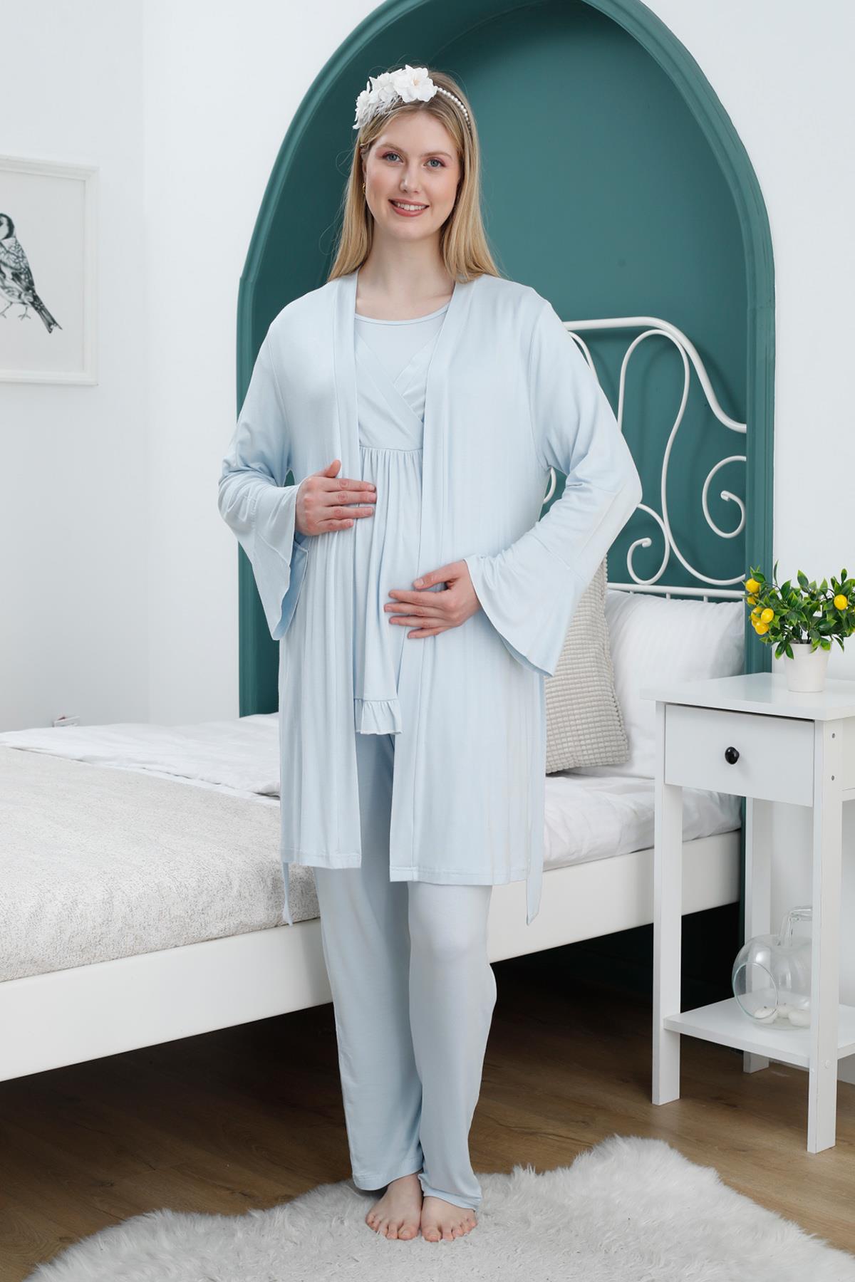 Mavi Volan Kol Sabahlıklı Kruvaze Gizli Emzirmeli Lohusa Pijama Takımı - 2364