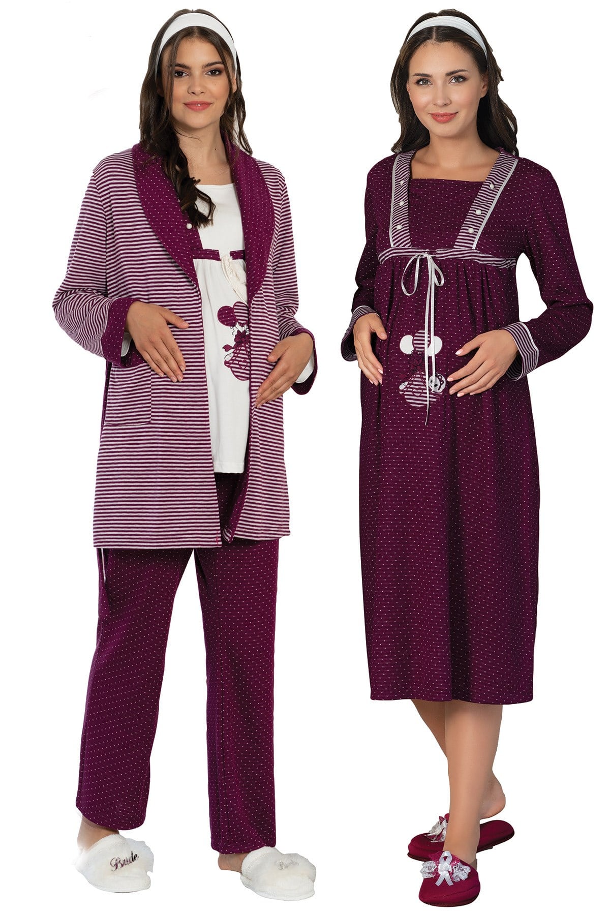 Mecit 10007 Mürdüm Çizgili Lohusa Hamile 4lü Set