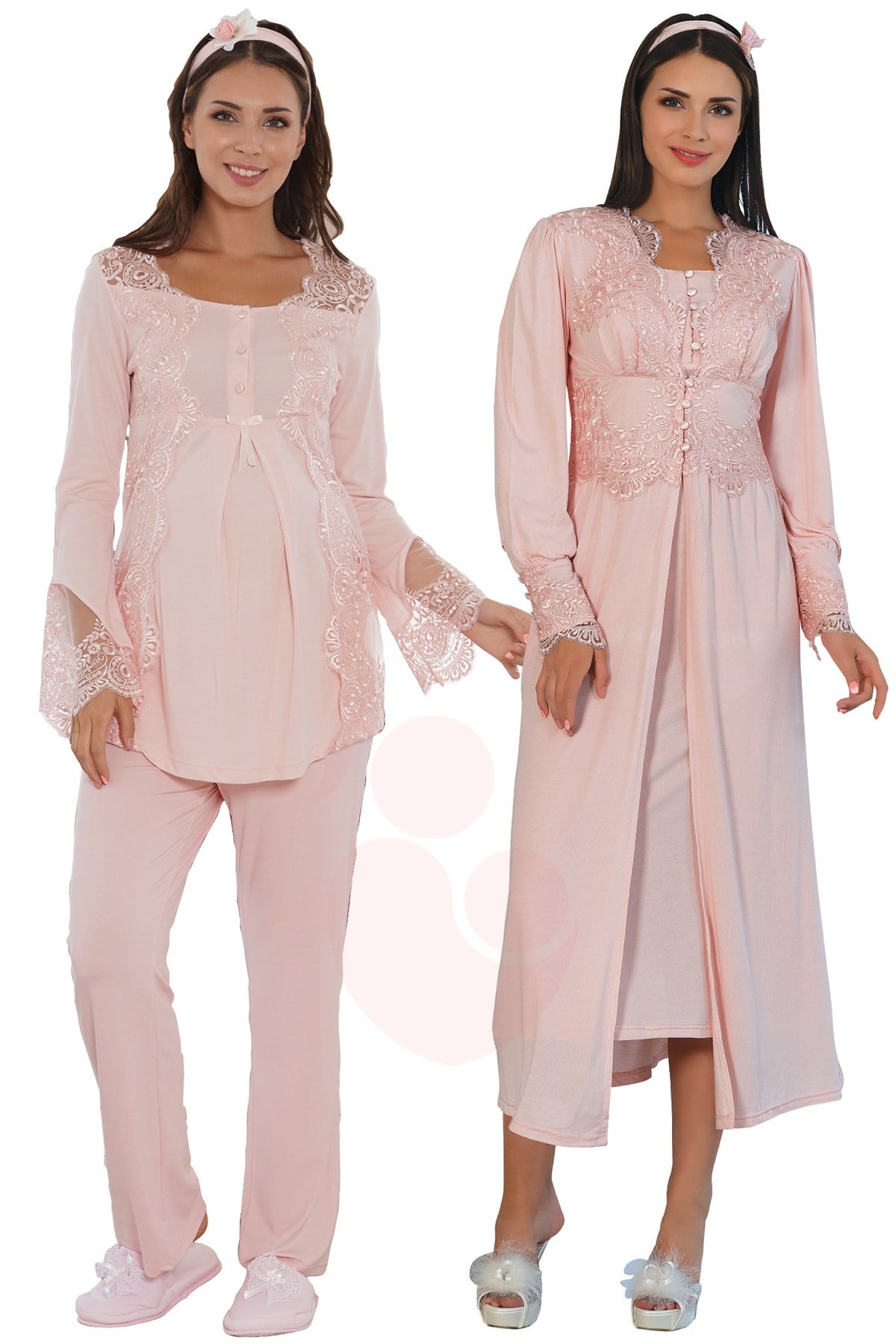 Mecit 10016 Pudra Pembe Şehzade Dantelli Lohusa Hamile 4lü Set