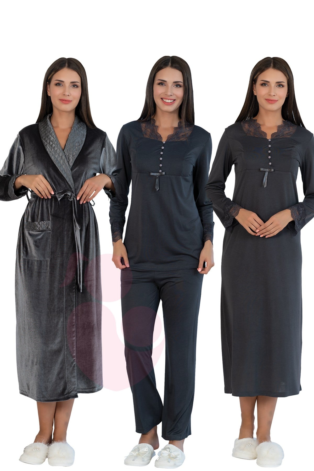 Mecit 10025 Füme Kadife Sabahlıklı Lohusa Hamile 4lü Set