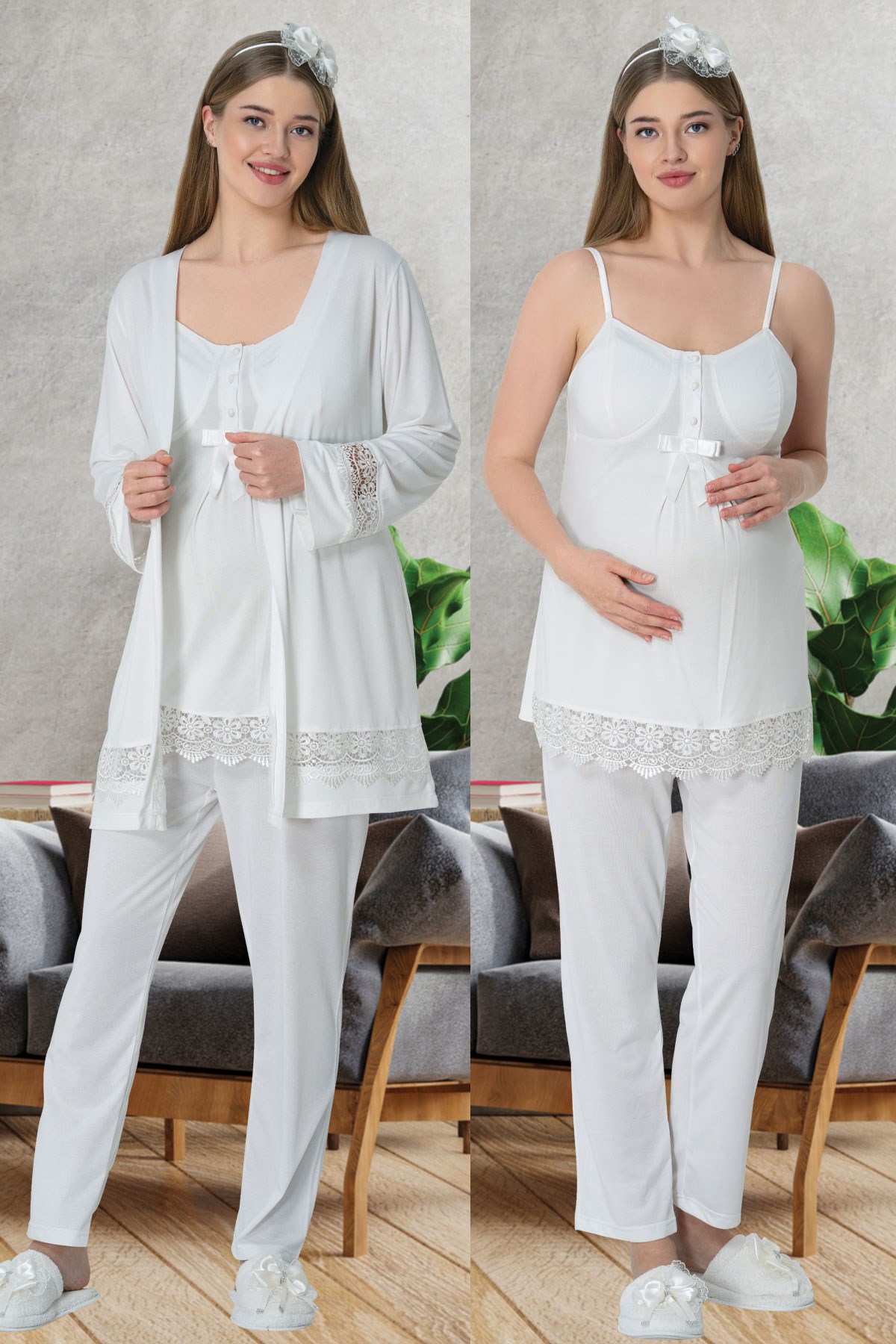 Mecit 1525 Ekru Sabahlıklı Lohusa Pijama Takımı