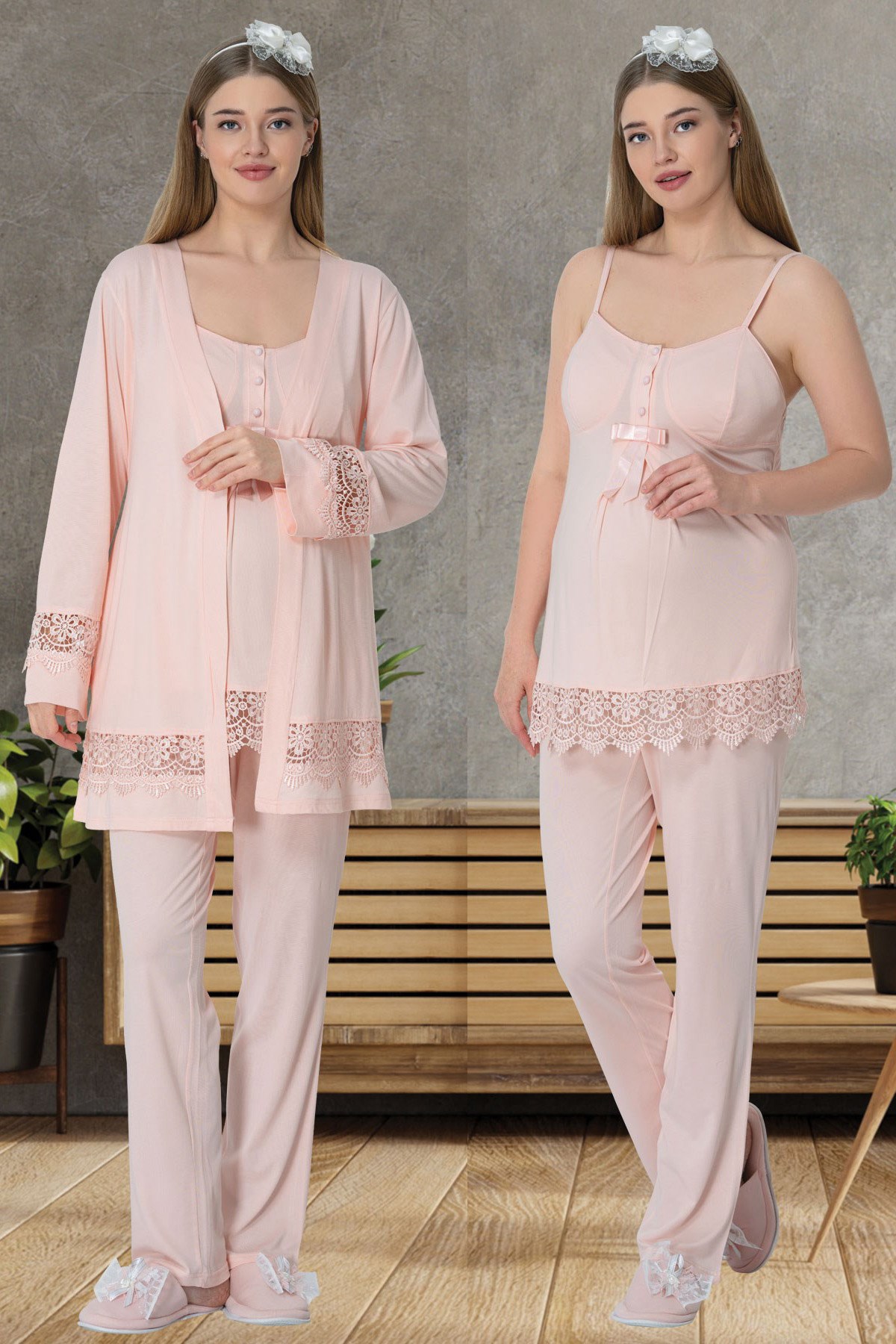 Mecit 1525 Pudra Sabahlıklı Lohusa Pijama Takımı