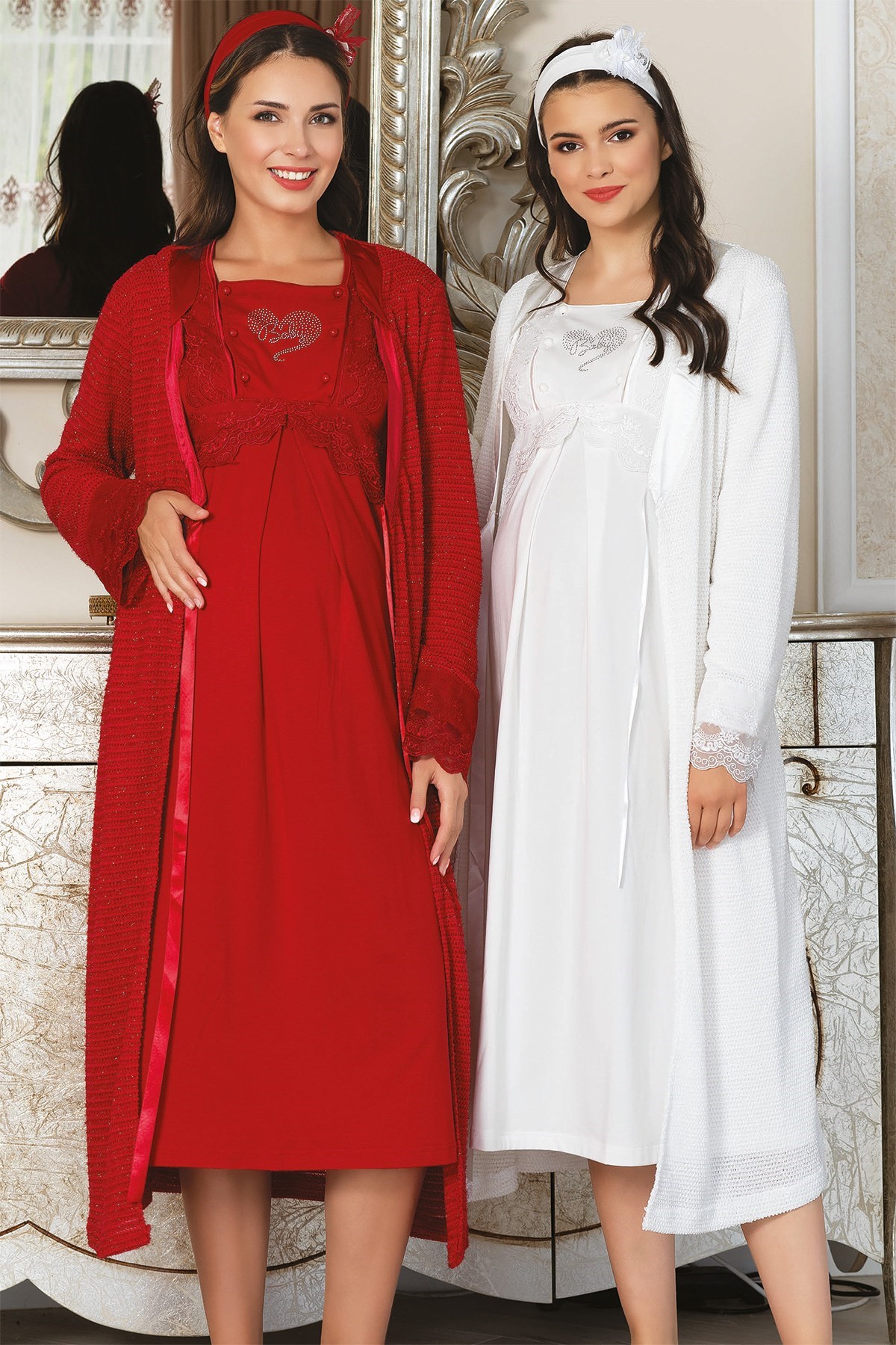 MECIT 1720 Maternity Nightgown and Silvery Knitwear Robe Set
