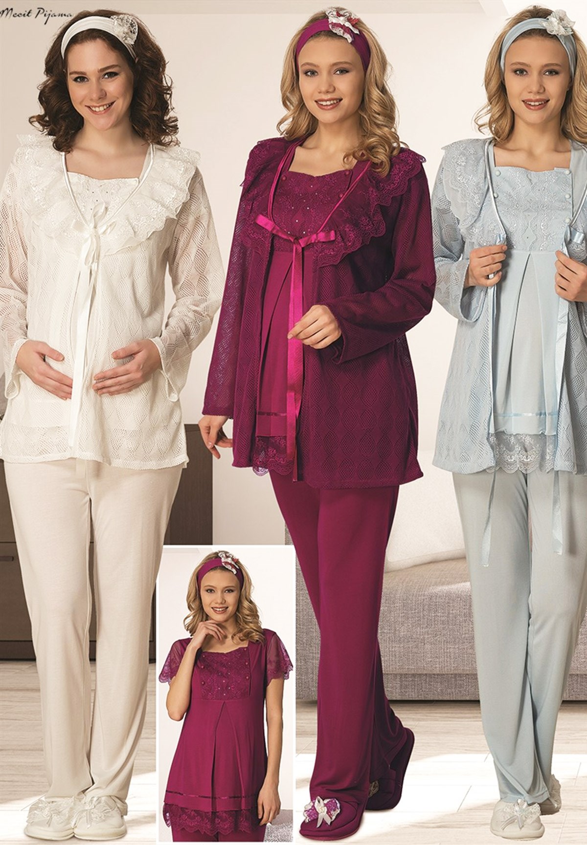 Mecit 1802 Dandet Detaylı Sabahlıklı Lohusa Pijama Takım