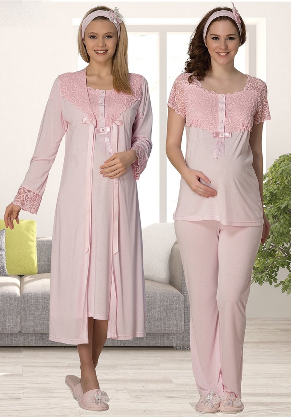 Mecit 2012 Pembe Dantelli Pijama ve Sabahlıklı Gecelik Seti