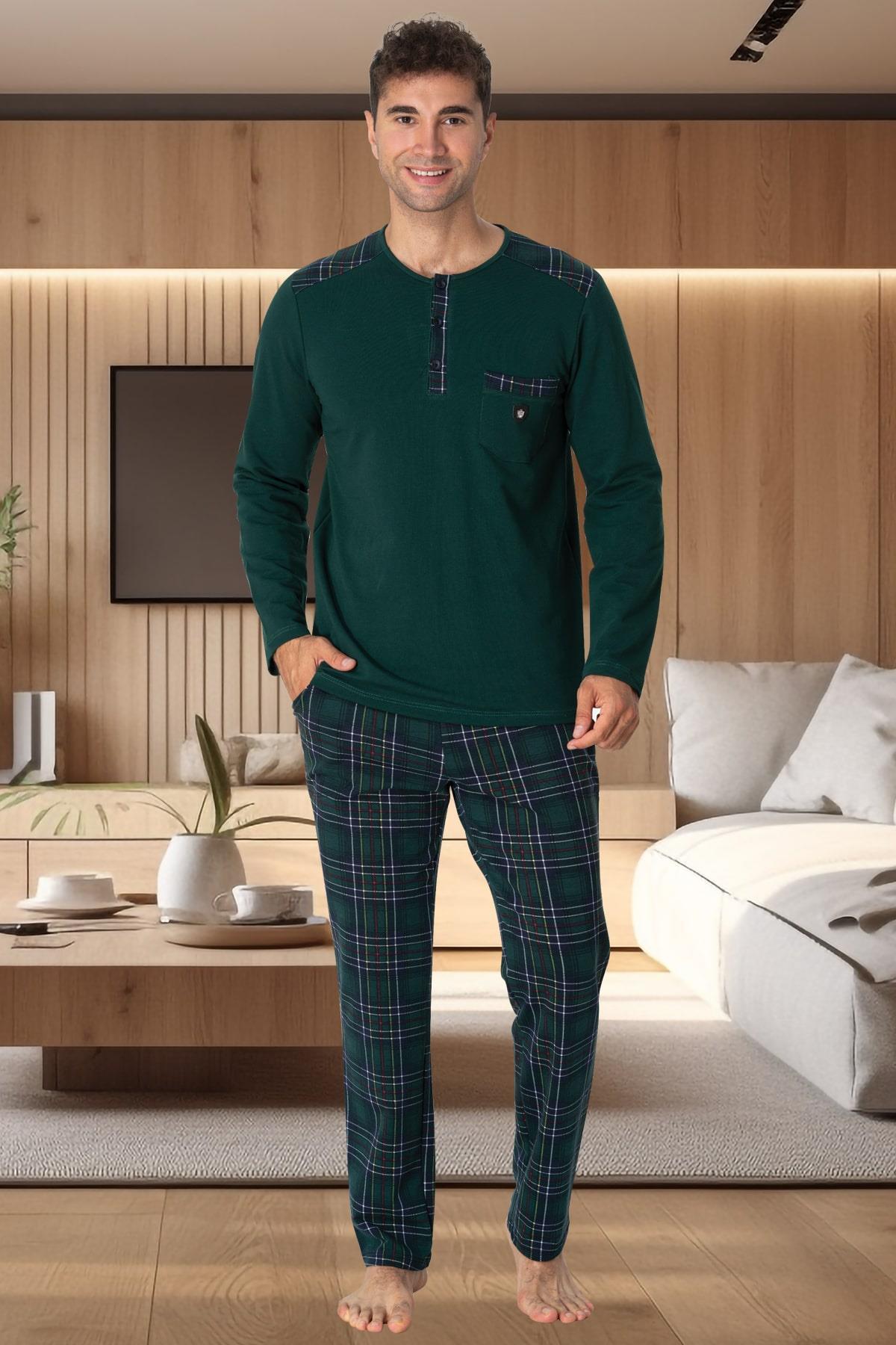 Mecit 2796 Yeşil Ekoseli Büyük Beden Erkek Pijama Takımı - Lohusa Hamile