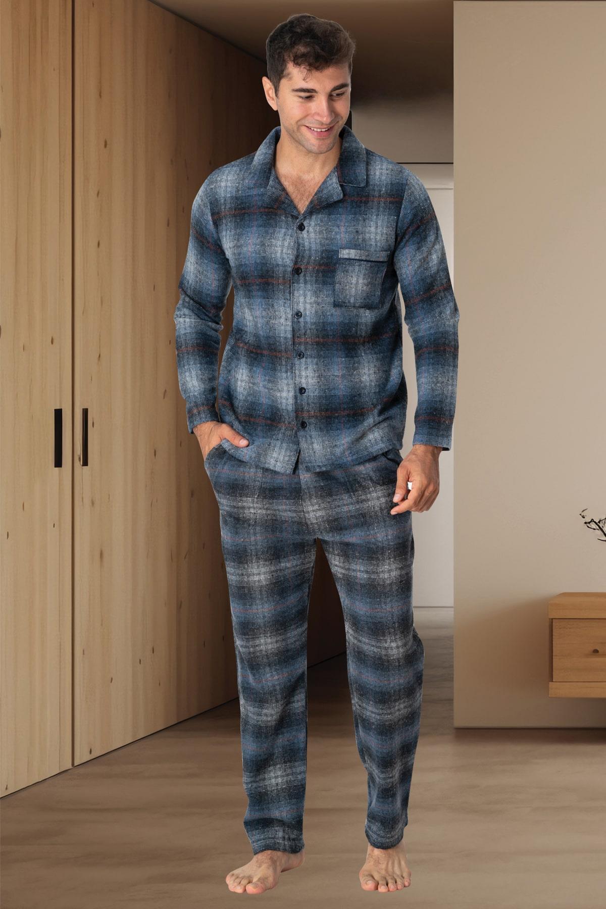 Mecit 2797 Mavi Ekoseli Önden Düğmeli Büyük Beden Erkek Baba Pijama Takımı