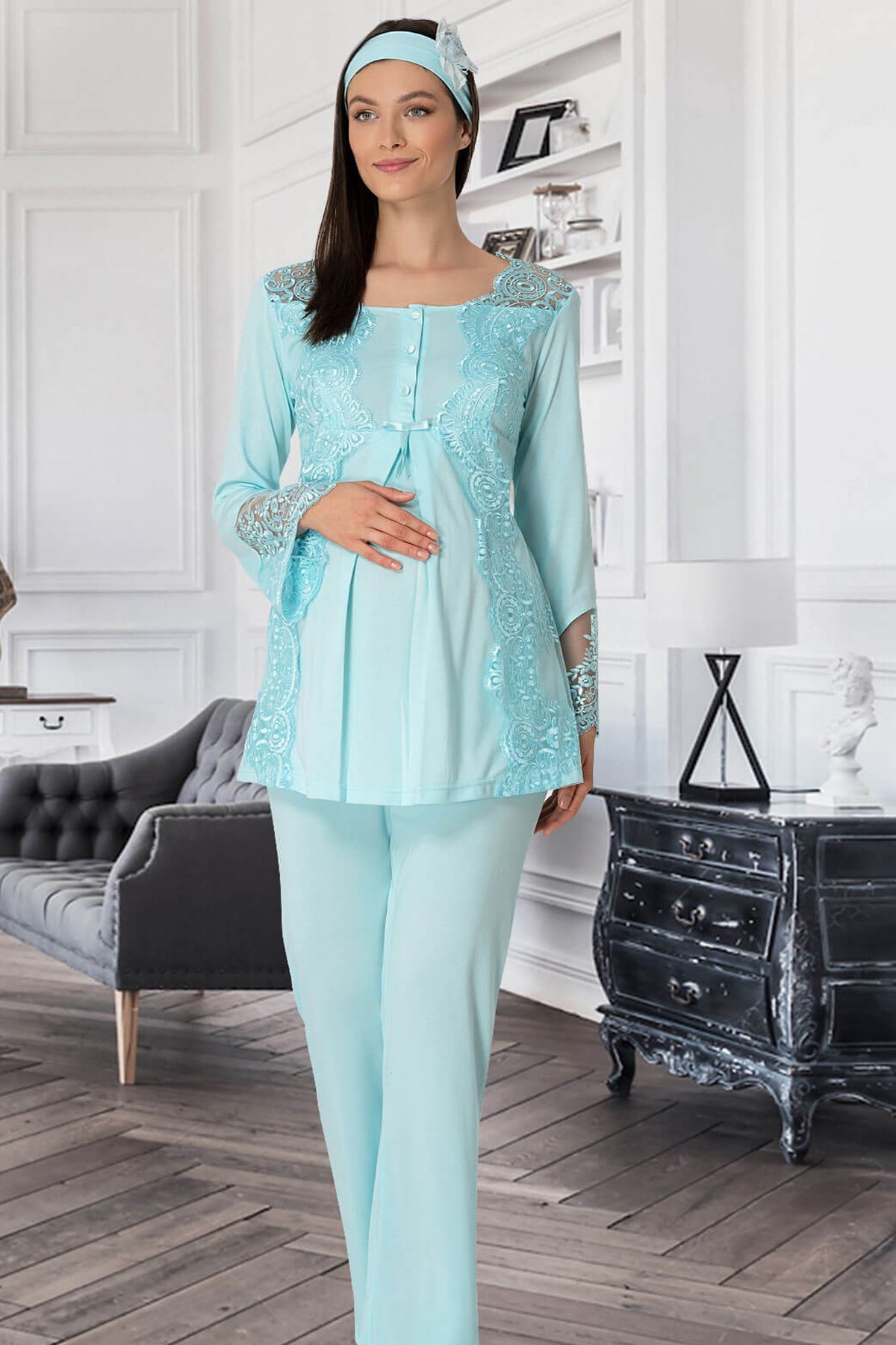Mecit 5015 Turkuaz Şehzade Dantelli Lohusa Pijama Takımı