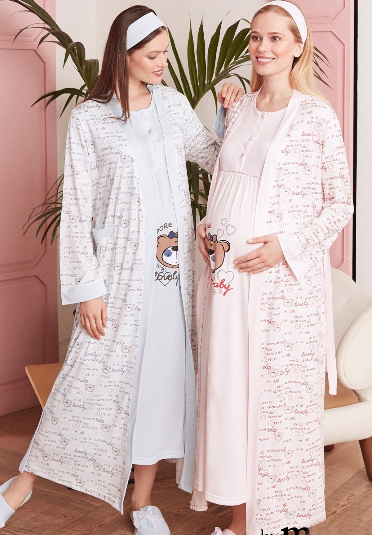 MECIT 5027 Bear Patterned Maternity Nightgown with Robe Set