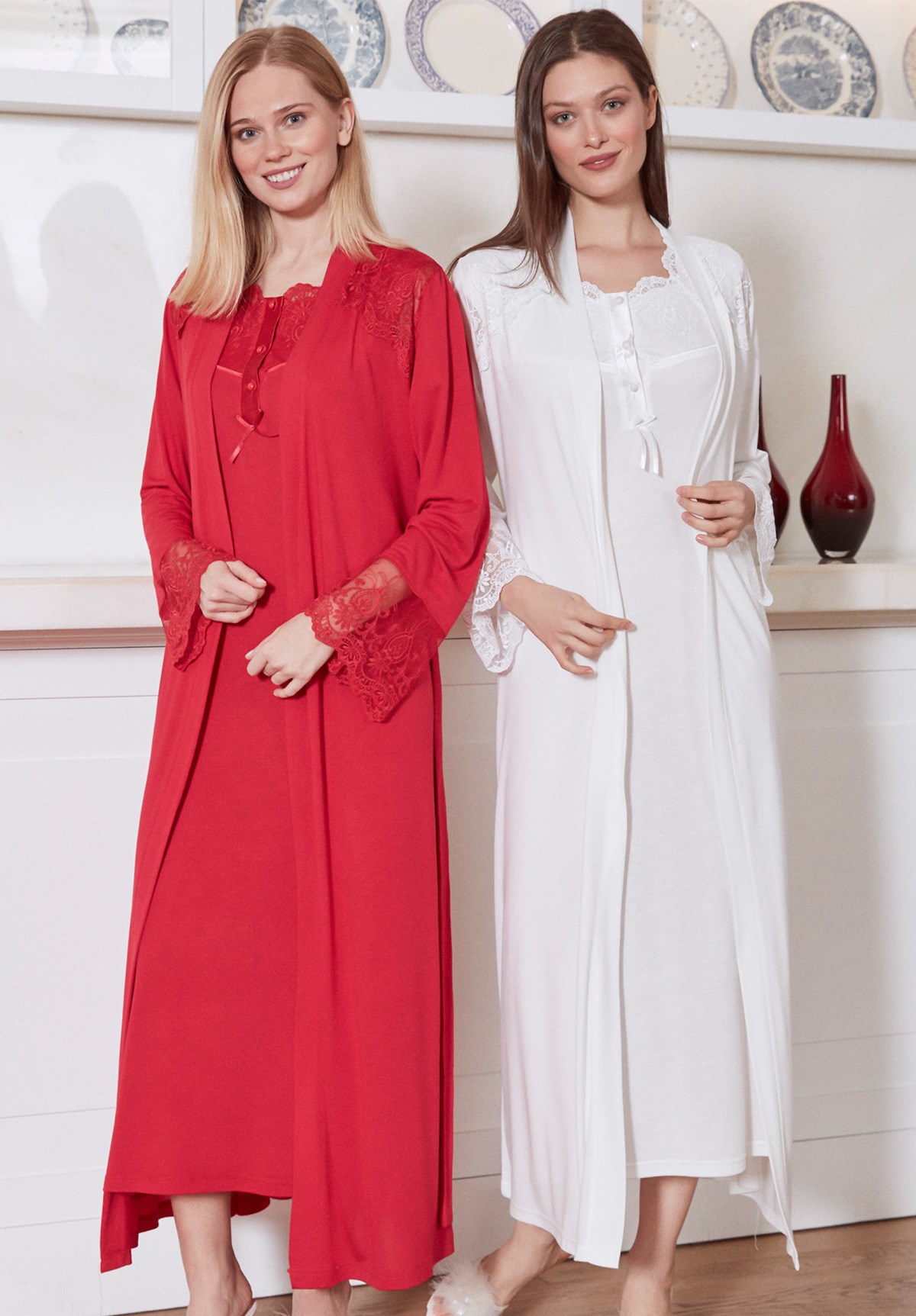 MECIT 5032 Lace Detailed Maternity Nightgown and Robe Set
