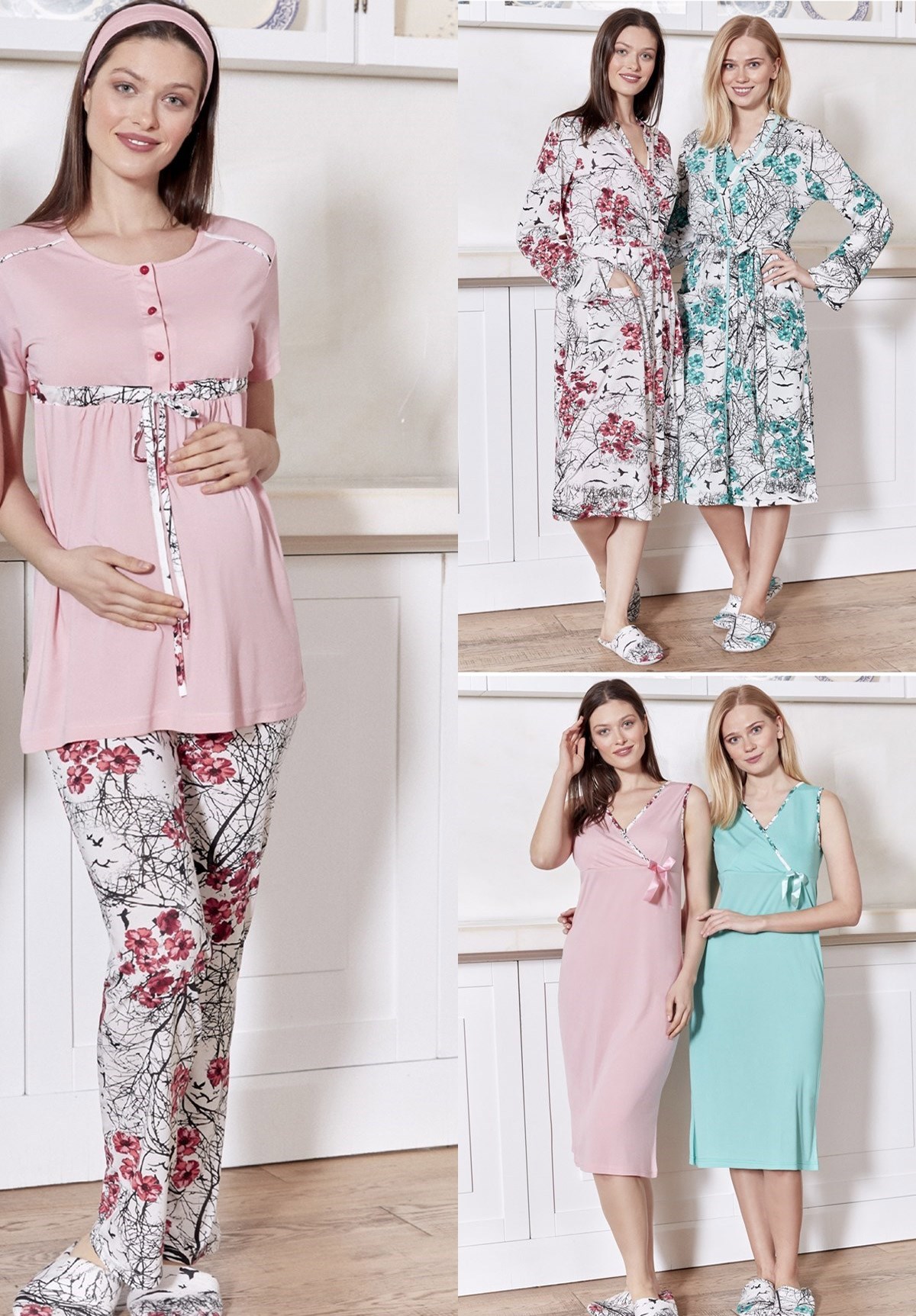 MECIT 5053 Cherry Color Patterned Maternity Nursing 4 Pieces Set