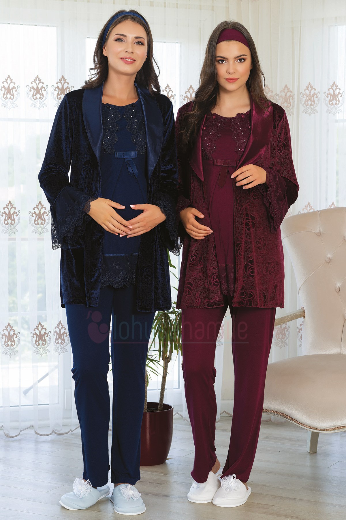 Mecit 5100 Kadife Desen Sabahlıklı Dantel Detaylı Sabahlıklı Lohusa Pijama Takımı