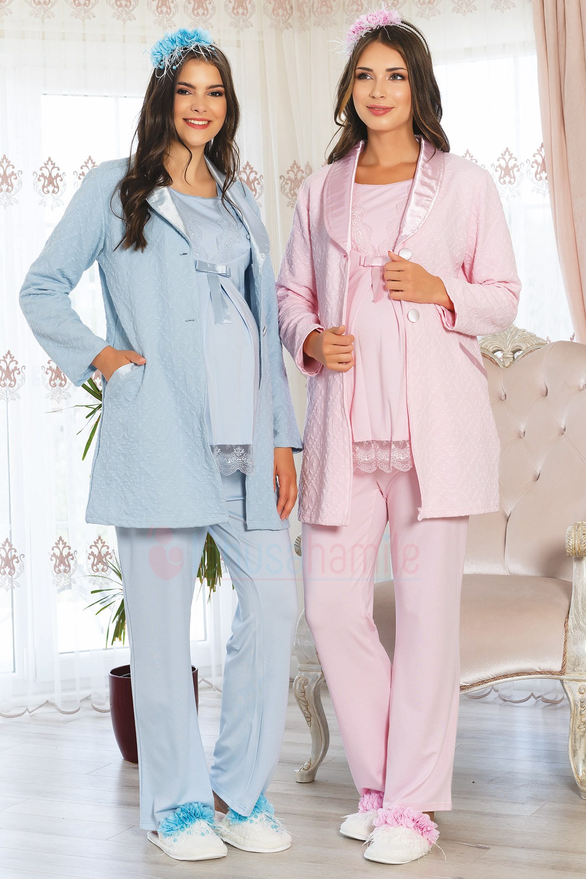 Mecit 5105 Kapitone Sabahlıklı Dantel Detaylı Lohusa Pijama Takımı