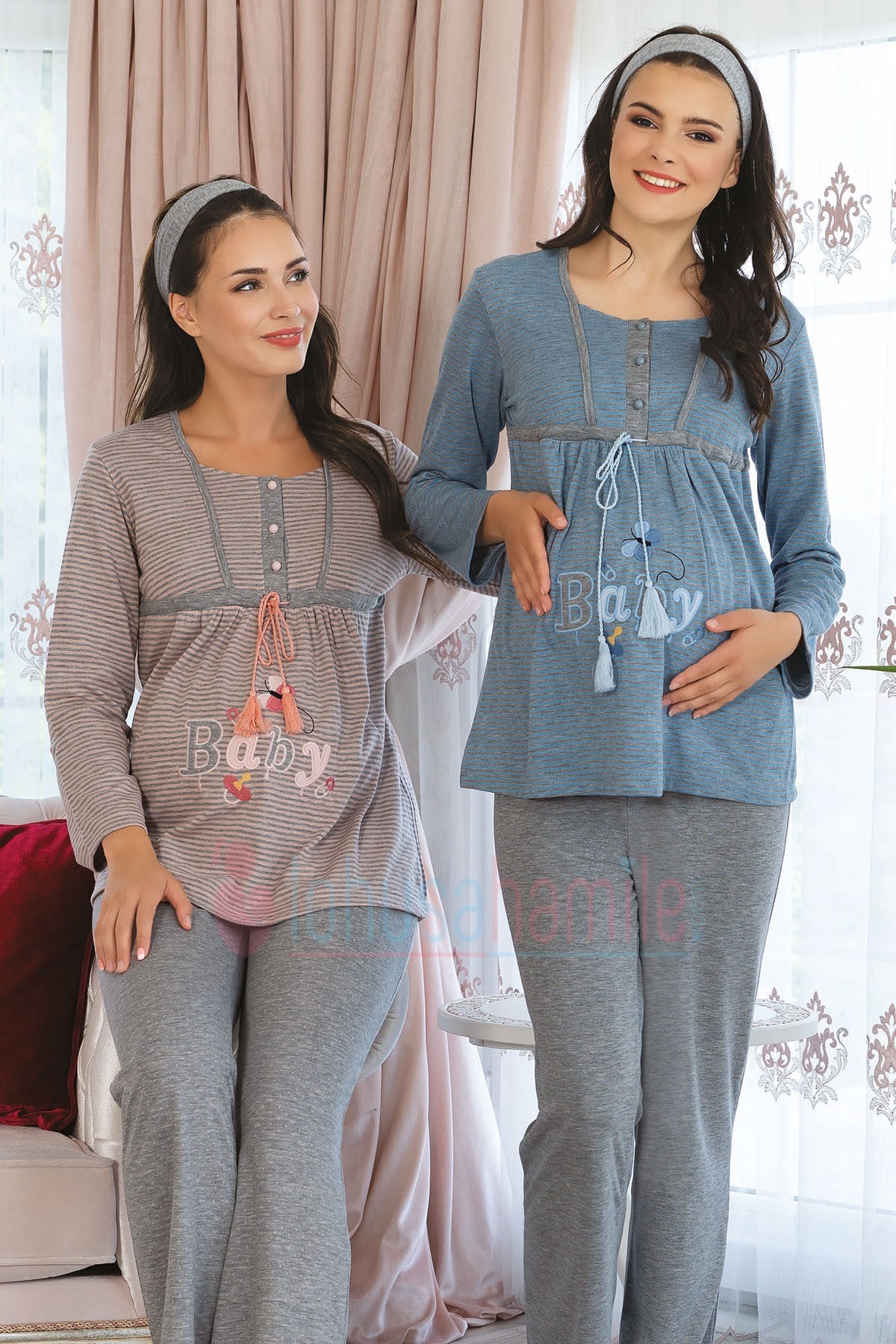 Mecit 5117 Baby Çizgili Puanlı Lohusa Pijama Takımı