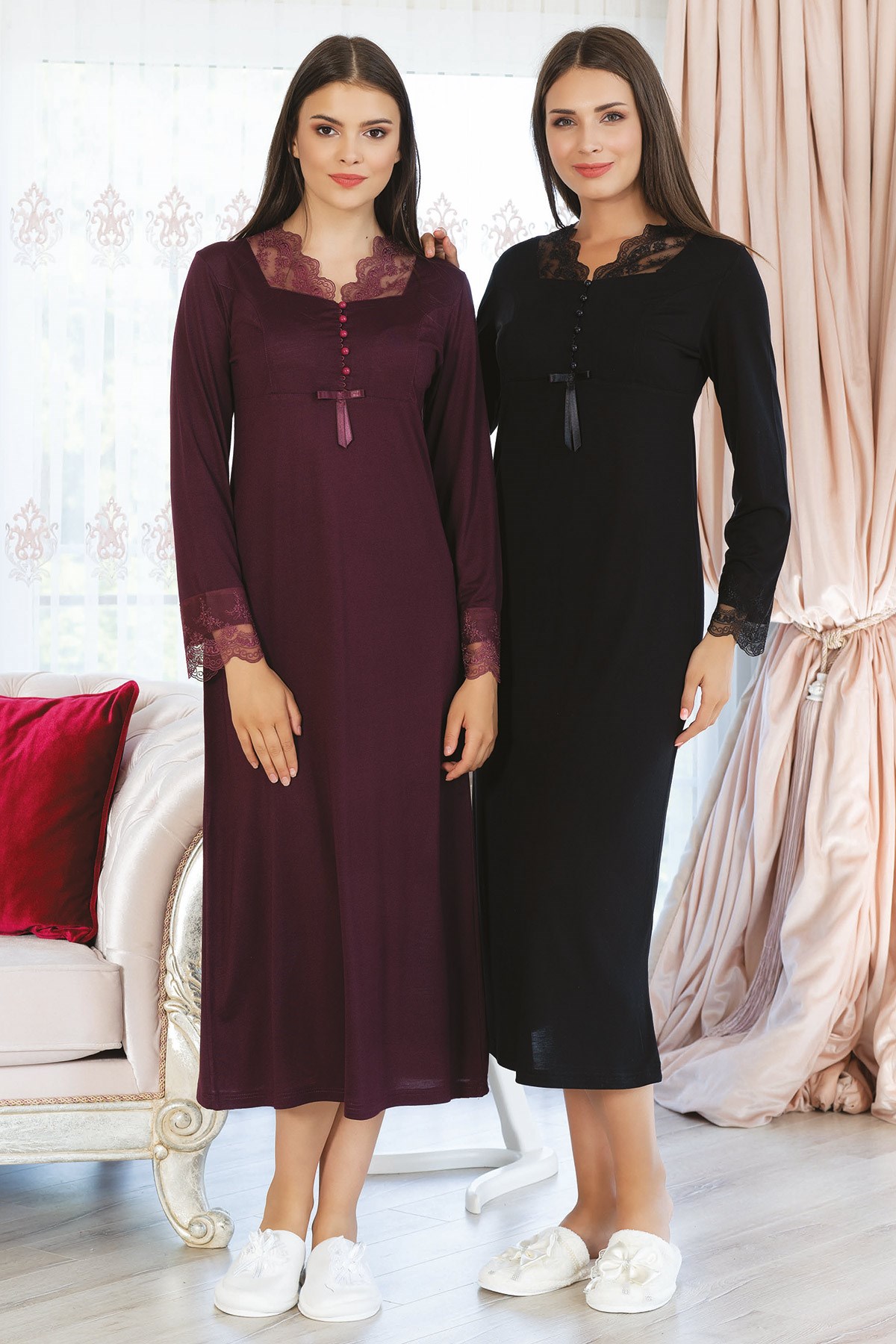 MECIT 5141 Lace Collar Detailed Maternity Nightgown Set
