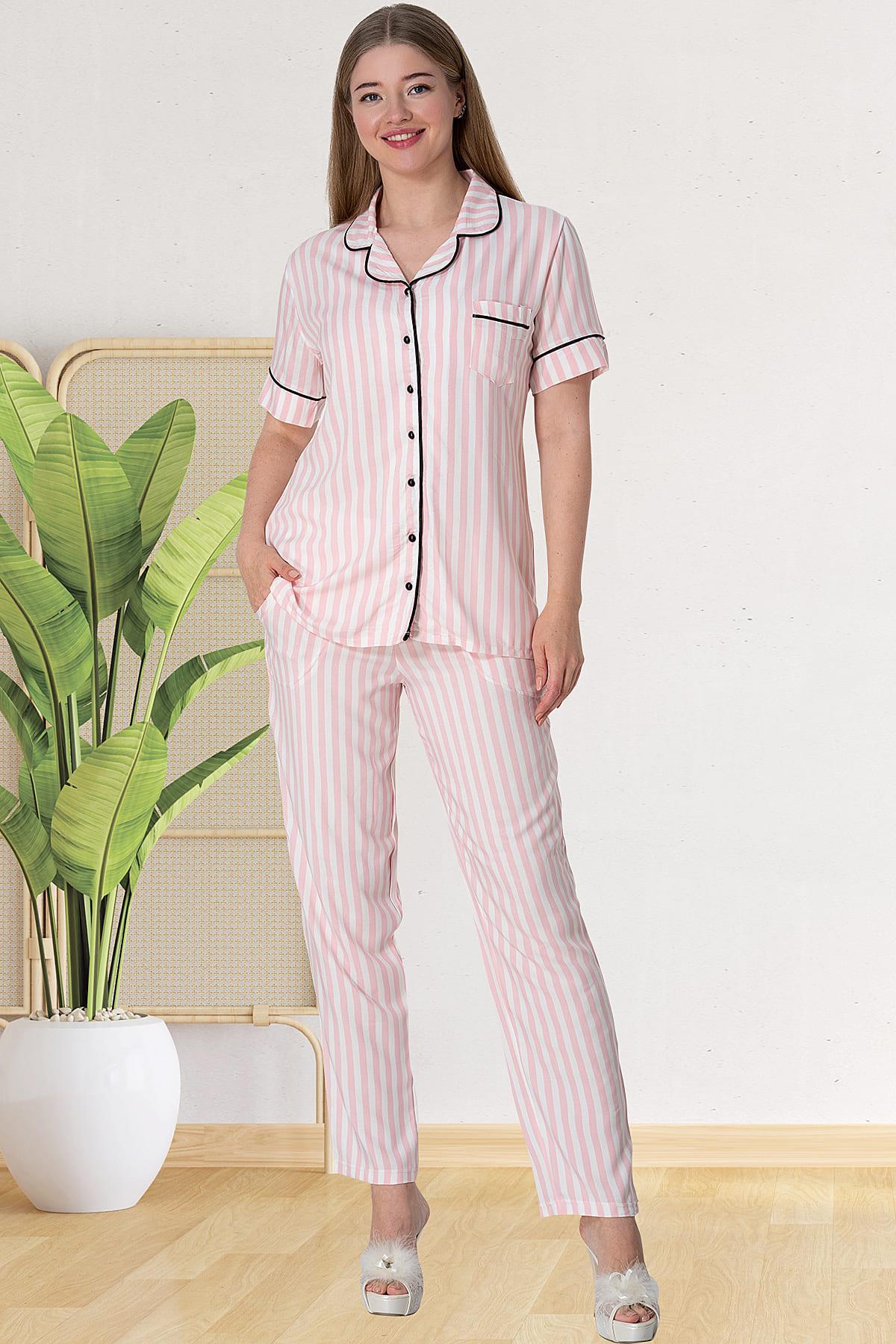 MECIT 5150 Black Striped Patterned Front Buttoned Maternity Pajama Sets