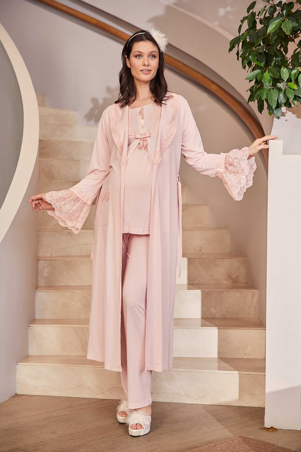 Mecit 5200 Pudra Pembe Dantel Detaylı Sabahlıklı Lohusa Pijama Takımı