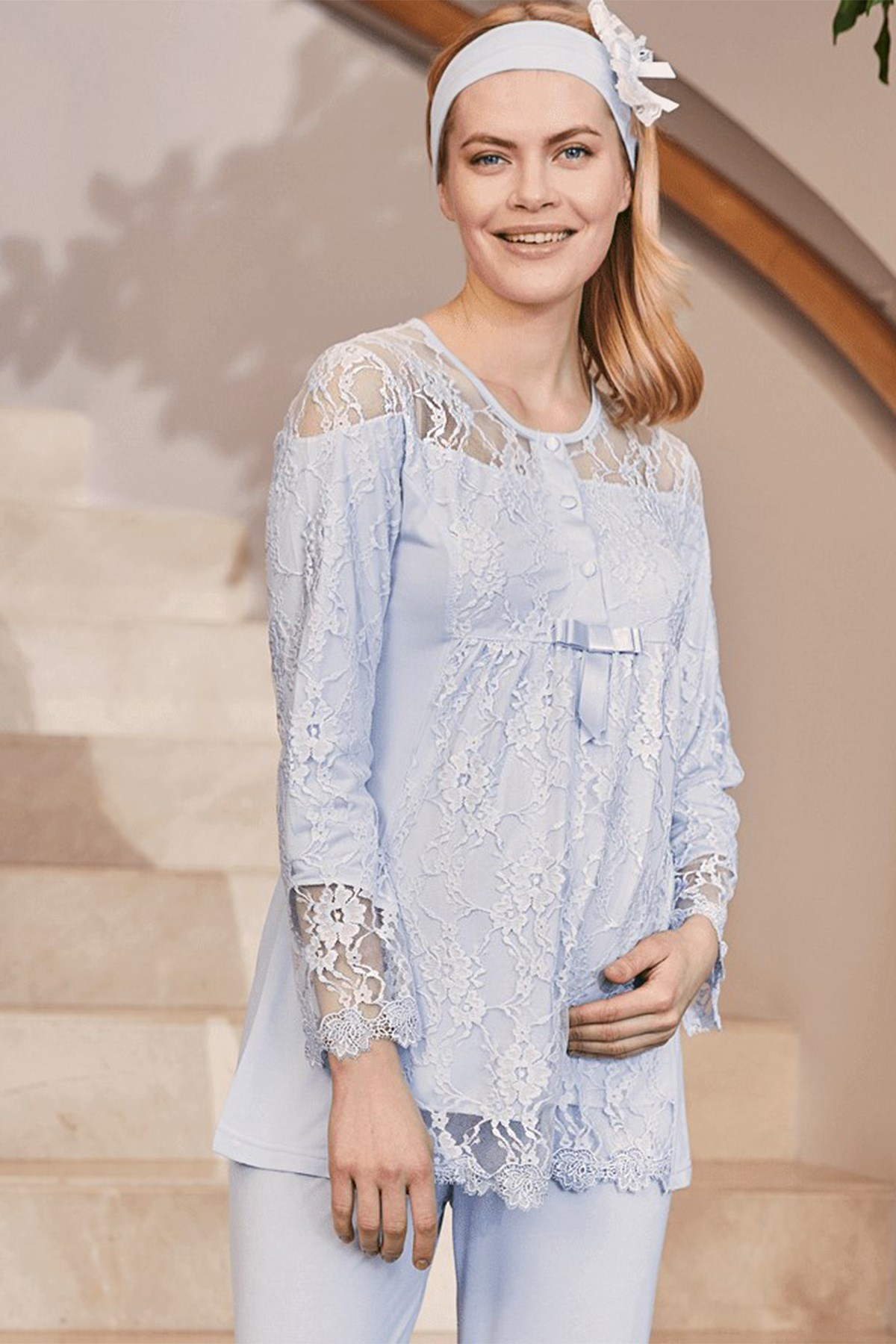 Mecit 5212 Mavi Güpür Dantelli Lohusa Pijama Takımı