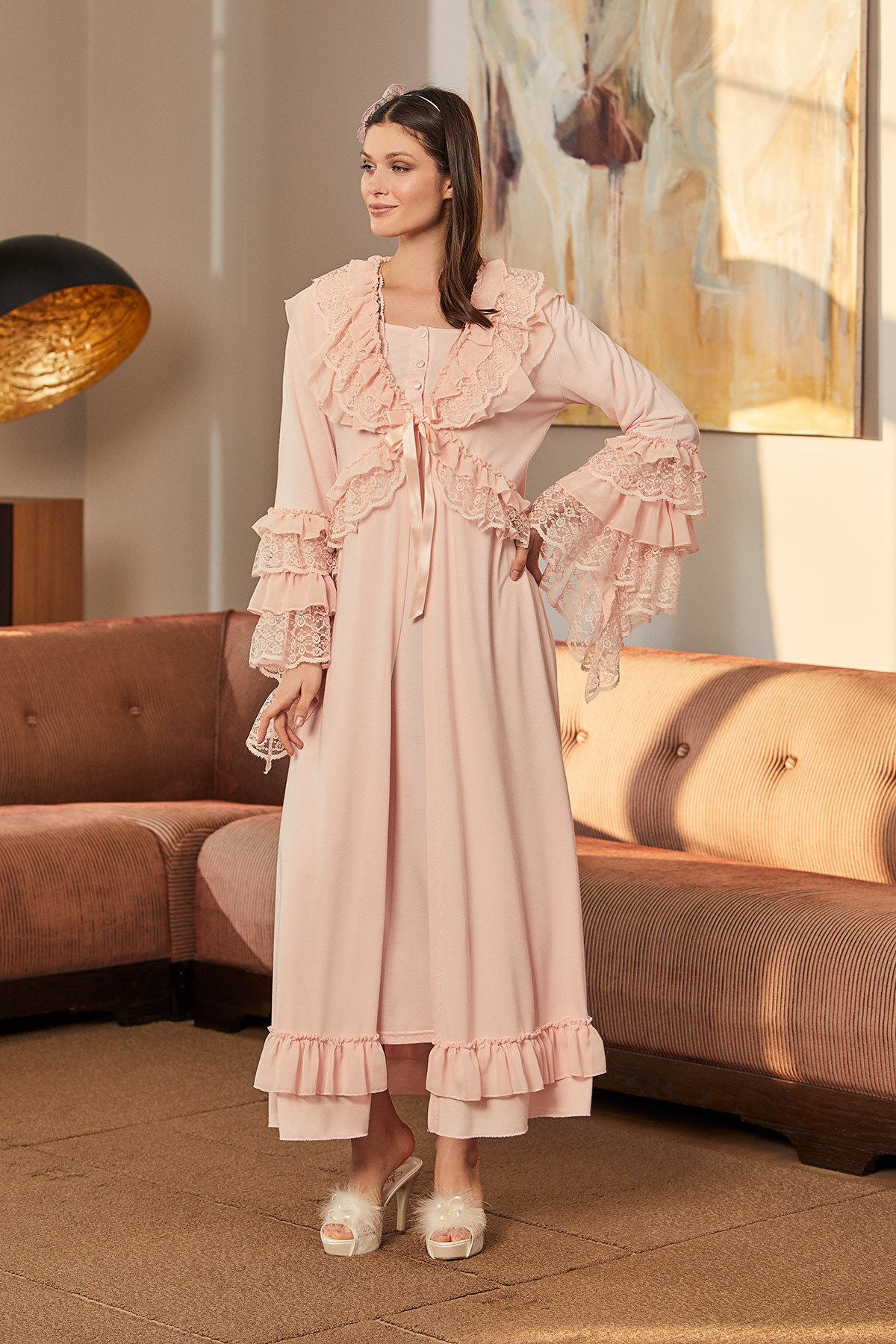 Mecit 5214 Pudra İspanyol Dantel Sabahlıklı Lohusa Pijama Takımı