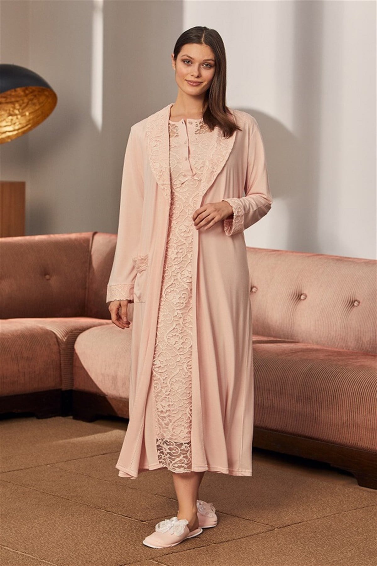 Mecit 5226 Pudra Pembe Kaplama Dantelli Sabahlıklı Gecelik takımı