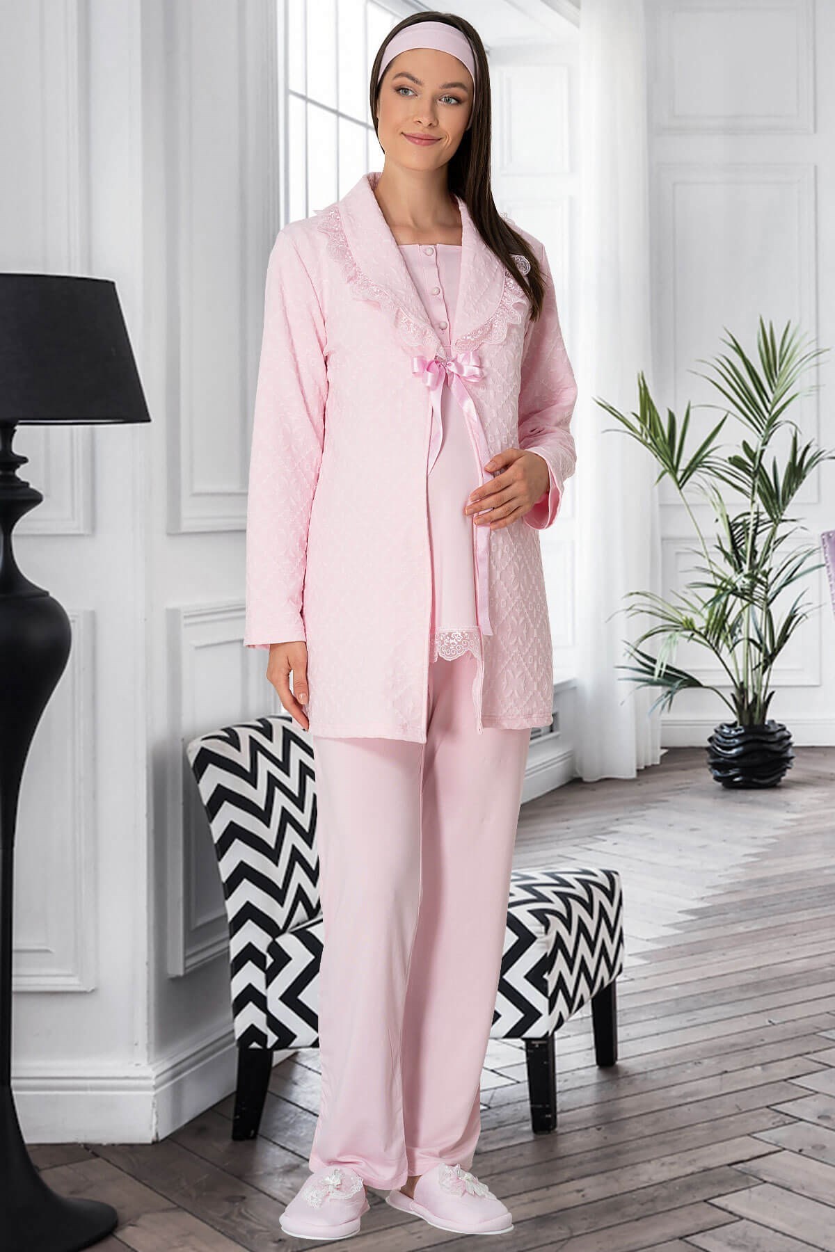 Mecit 5302 Pudra Kapitone Sabahlıklı Lohusa Pijama Takımı