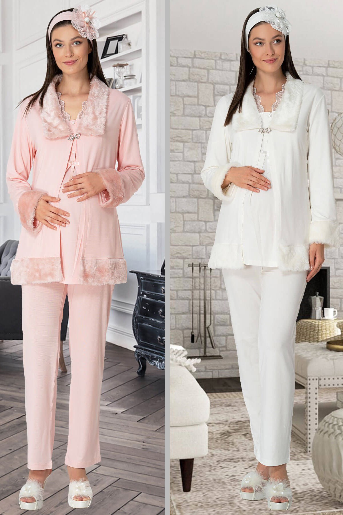 Mecit 5304 Peluş Detaylı Sabahlıklı Lohusa Pijama