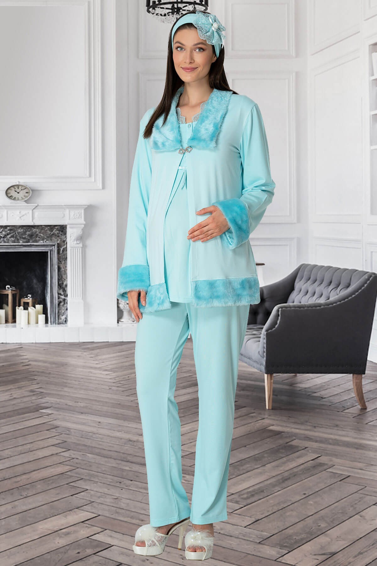 Mecit 5304 Turkuaz Peluş Detaylı Sabahlıklı Lohusa Pijama