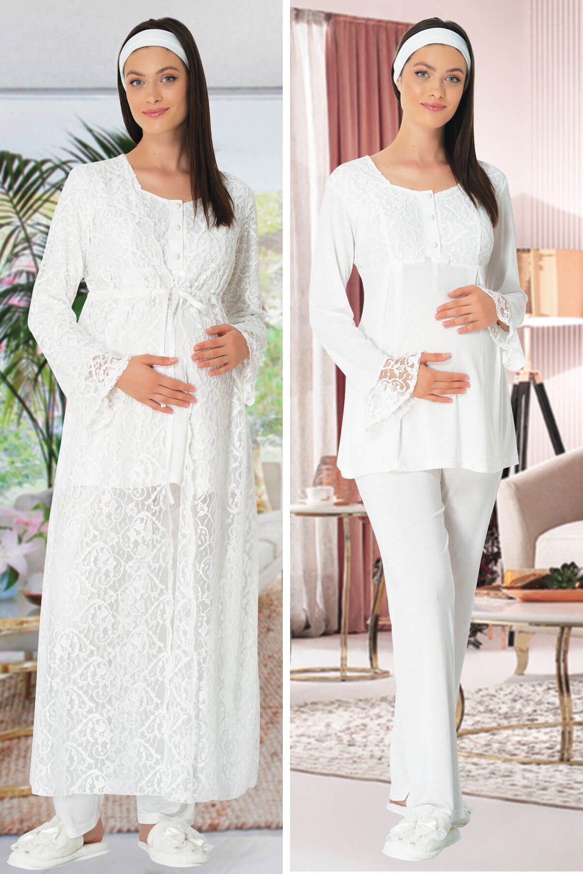 Mecit 5322 Ekru Sabahlıklı Lohusa Pijama