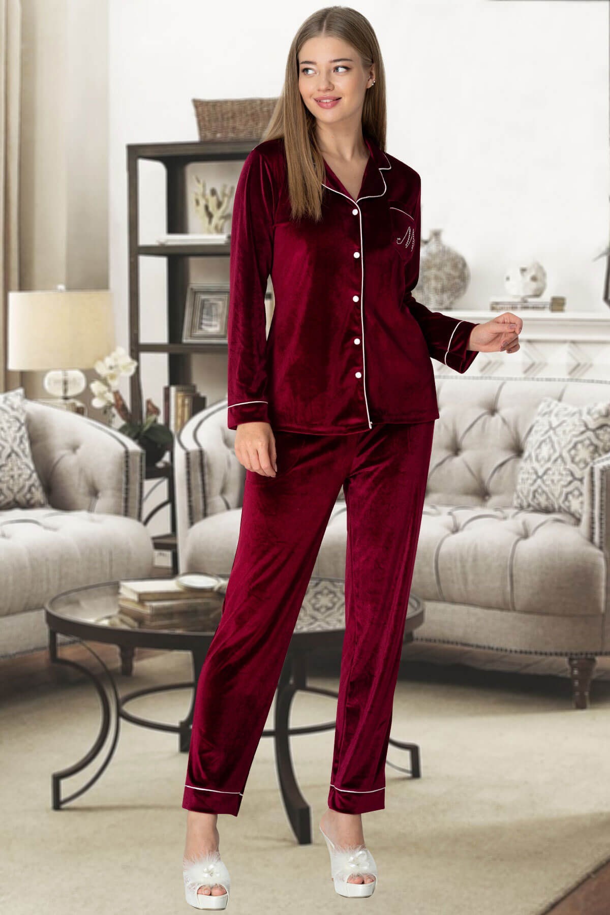 Mecit 5326 Bordo Önden Düğmeli Lohusa Pijama