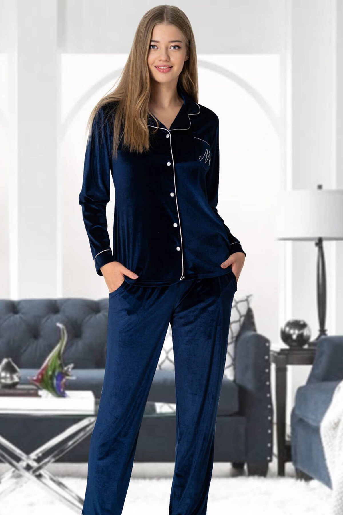 Mecit 5326 Lacivert Önden Düğmeli Lohusa Pijama
