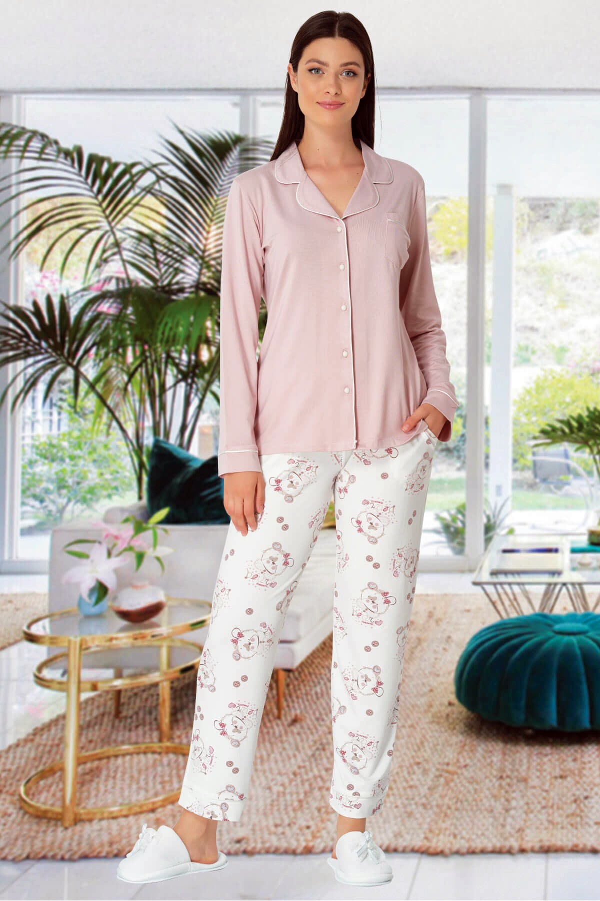 Mecit 5338 Pudra Desenli Kadın Pijama Takımı