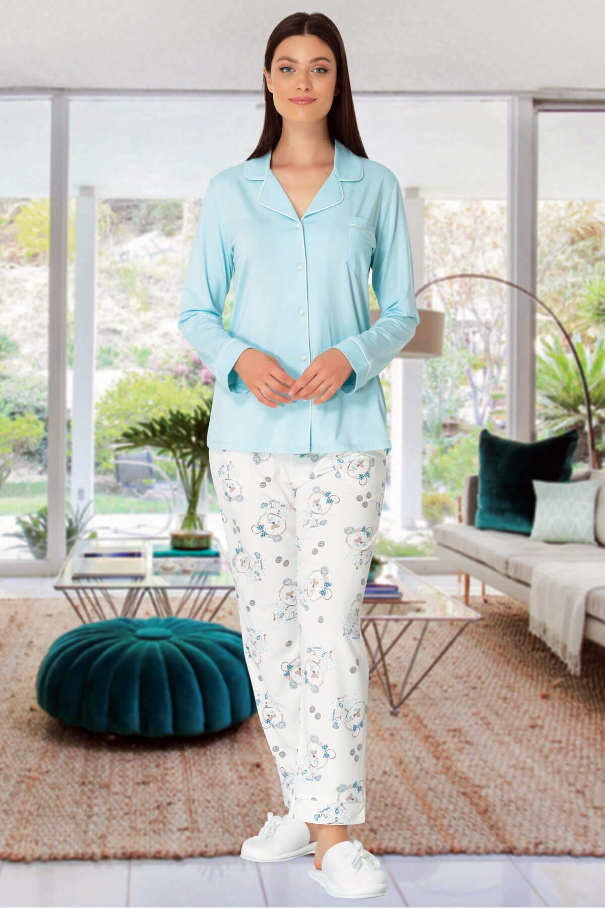 Mecit 5338 Turkuaz Desenli Kadın Pijama Takımı