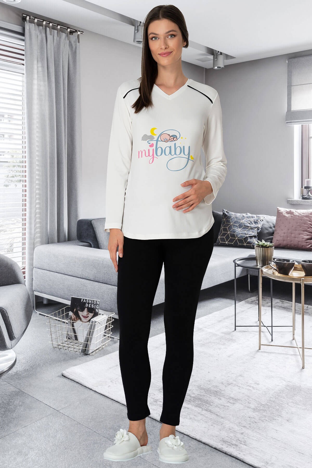 Mecit 5345 My Baby Ekru Hamile T-Shirt ve Tayt Takımı