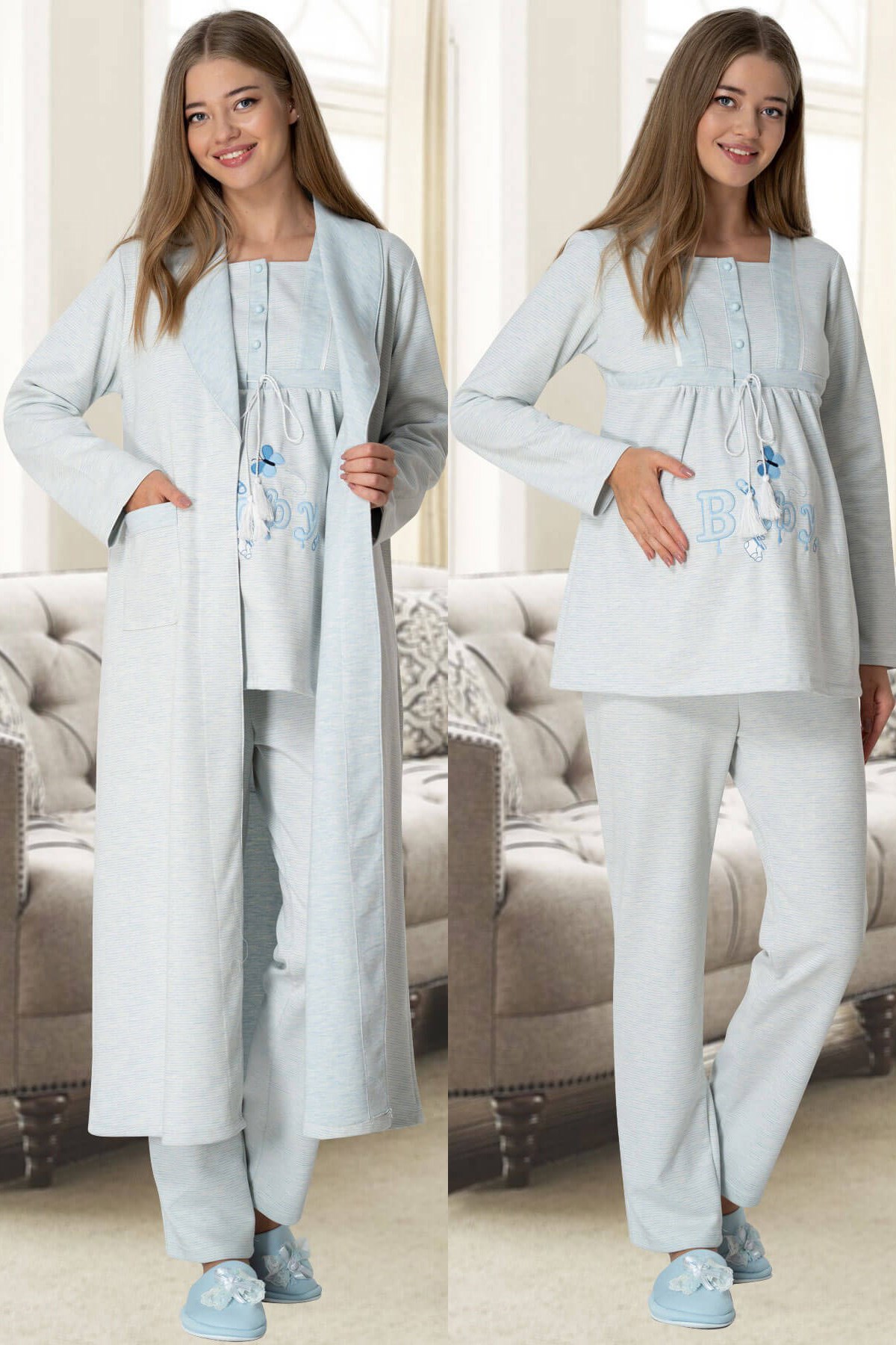 Mecit 5360 Mavi Uzun Sabahlıklı Lohusa Pijama Takımı