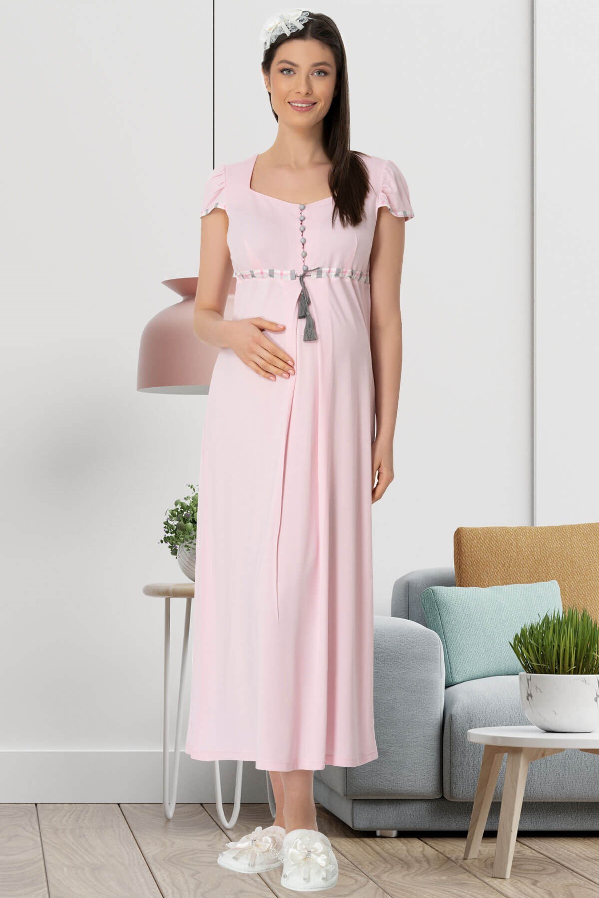 Mecit 5405 Pembe Ekose Detaylı Lohusa Gecelik