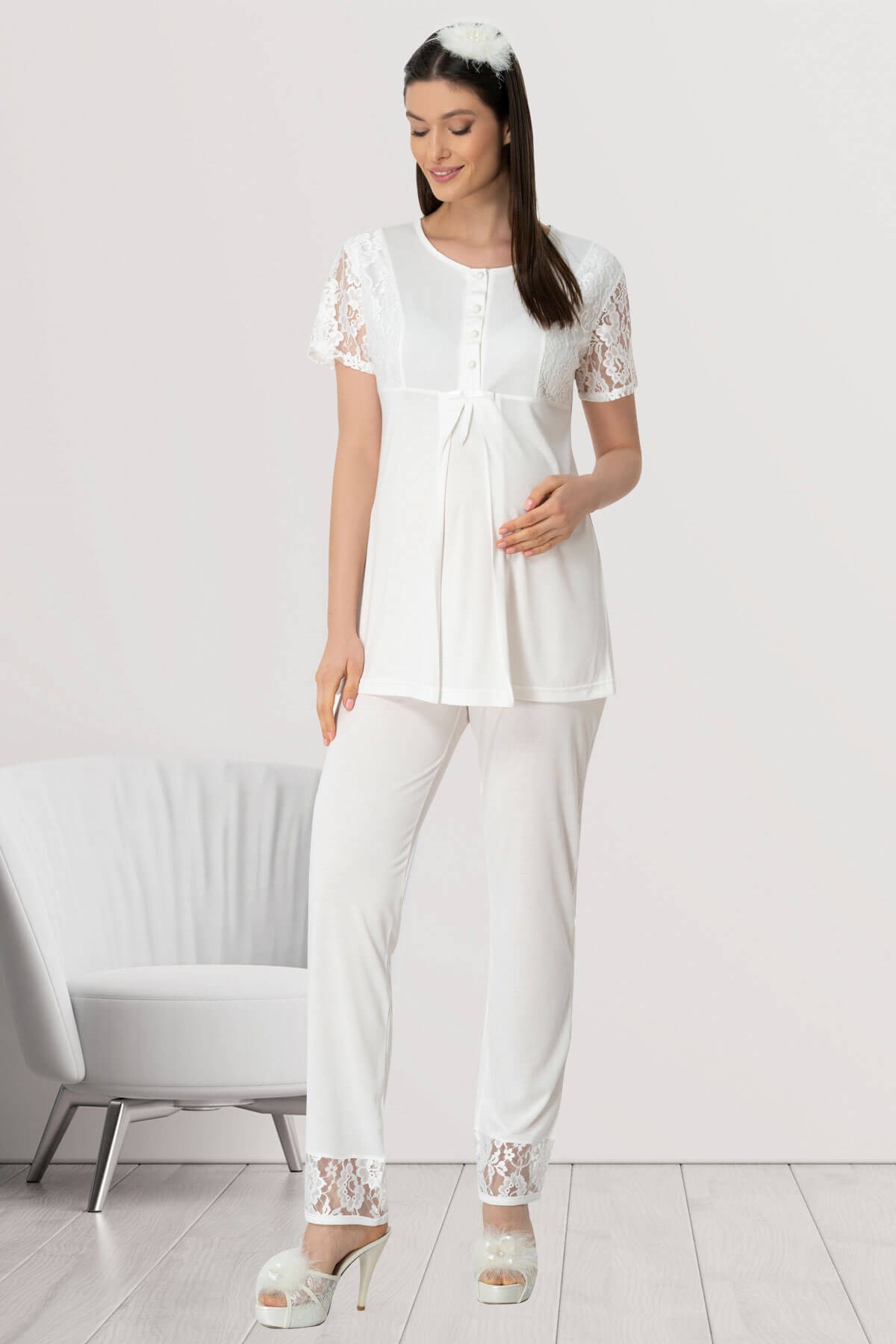 Mecit 5410 Ekru Dantel Detaylı Lohusa Pijama Takımı