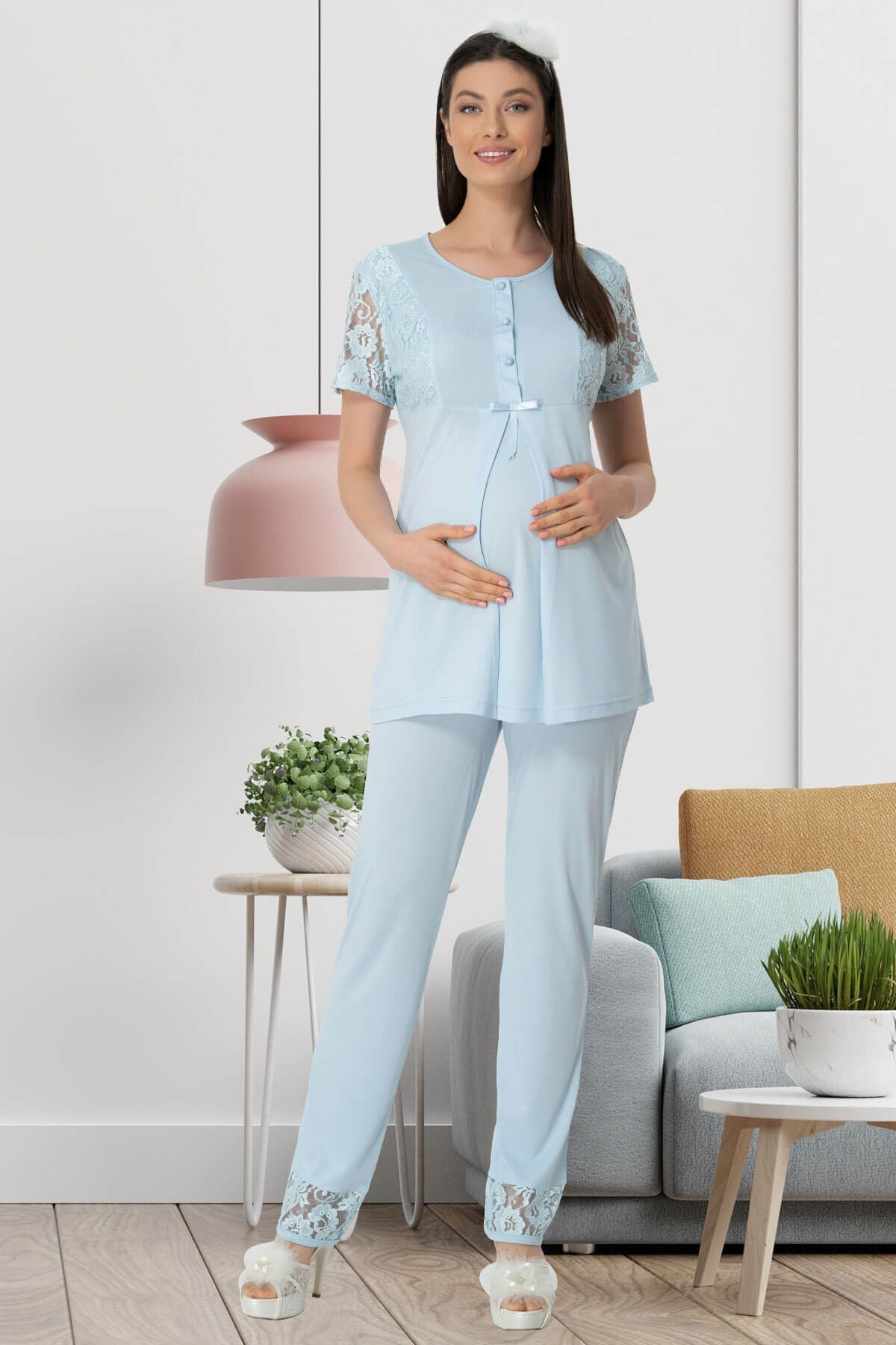 Mecit 5410 Mavi Dantel Detaylı Lohusa Pijama Takımı