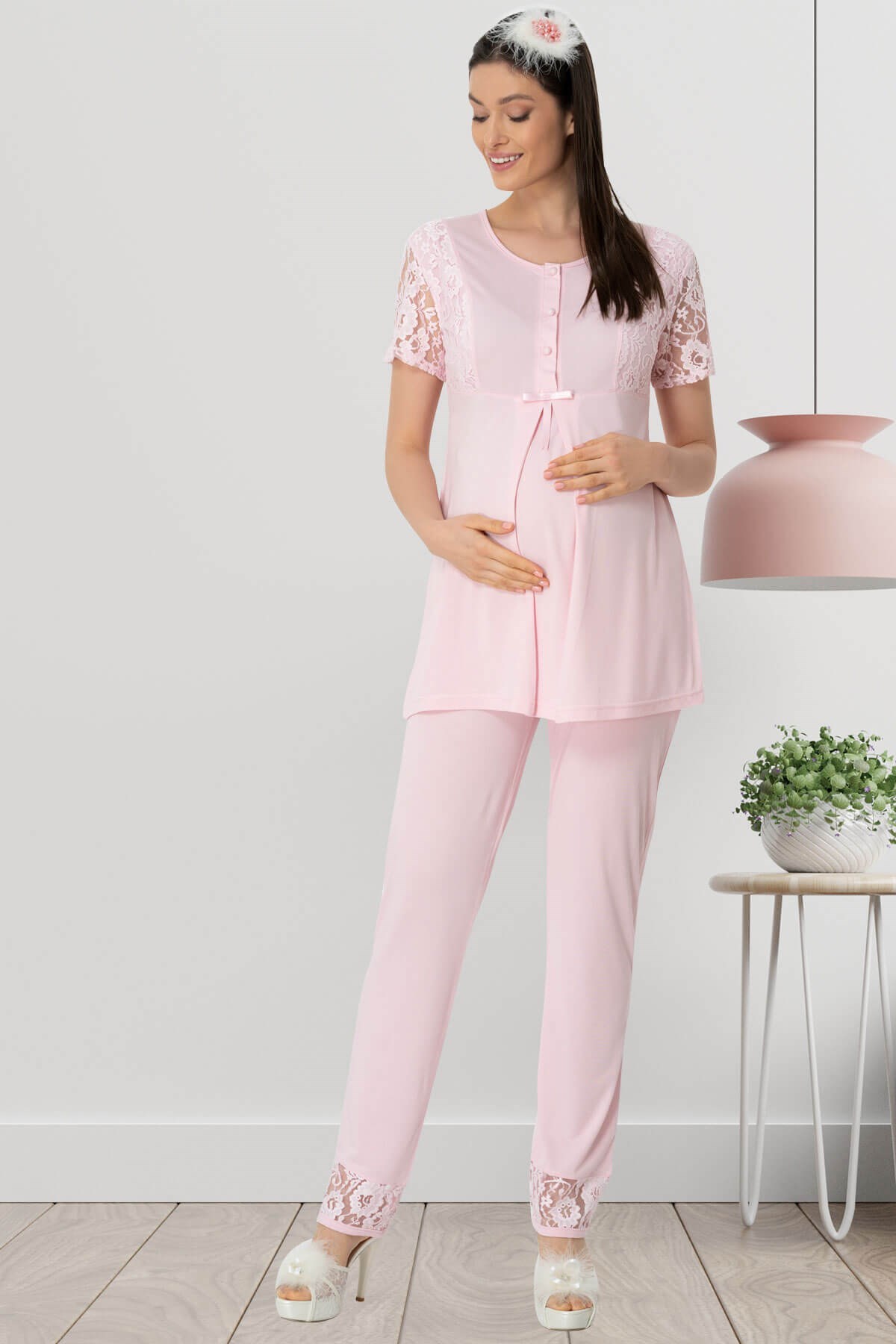 Mecit 5410 Pembe Dantel Detaylı Lohusa Pijama Takımı