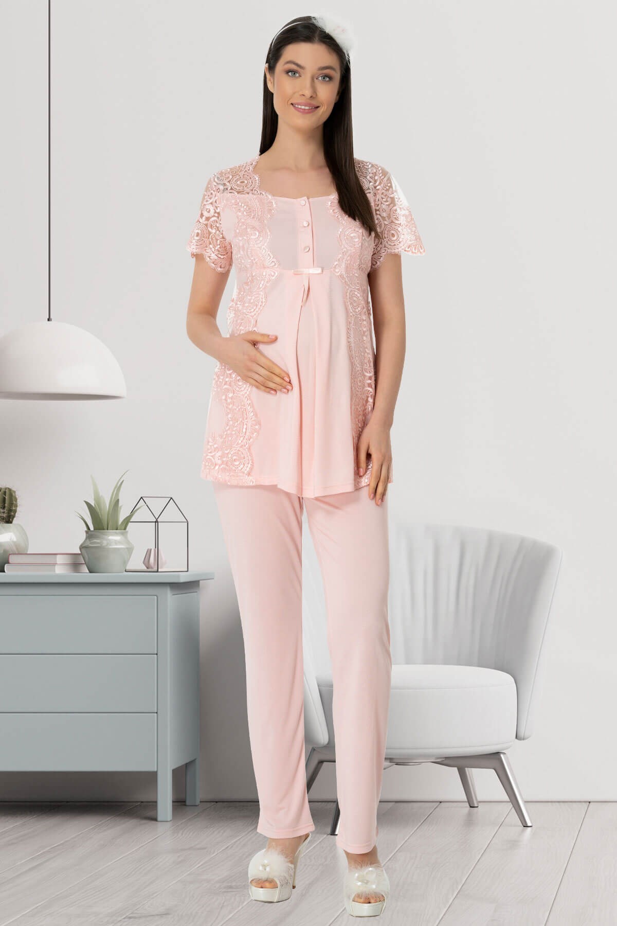 Mecit 5414 Pudra Dantelli Lohusa Hamile Pijama Takımı