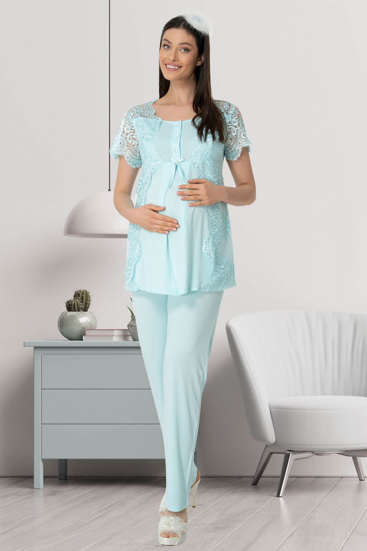 Mecit 5414 Turkuaz Dantelli Lohusa Hamile Pijama Takımı